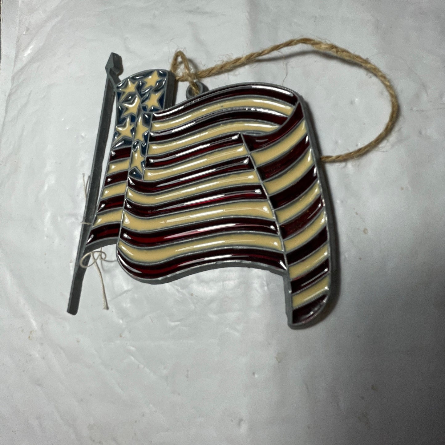 Stained Glass American Flag Waving On Metal Pole Vintage Decorative Collectible Ornament