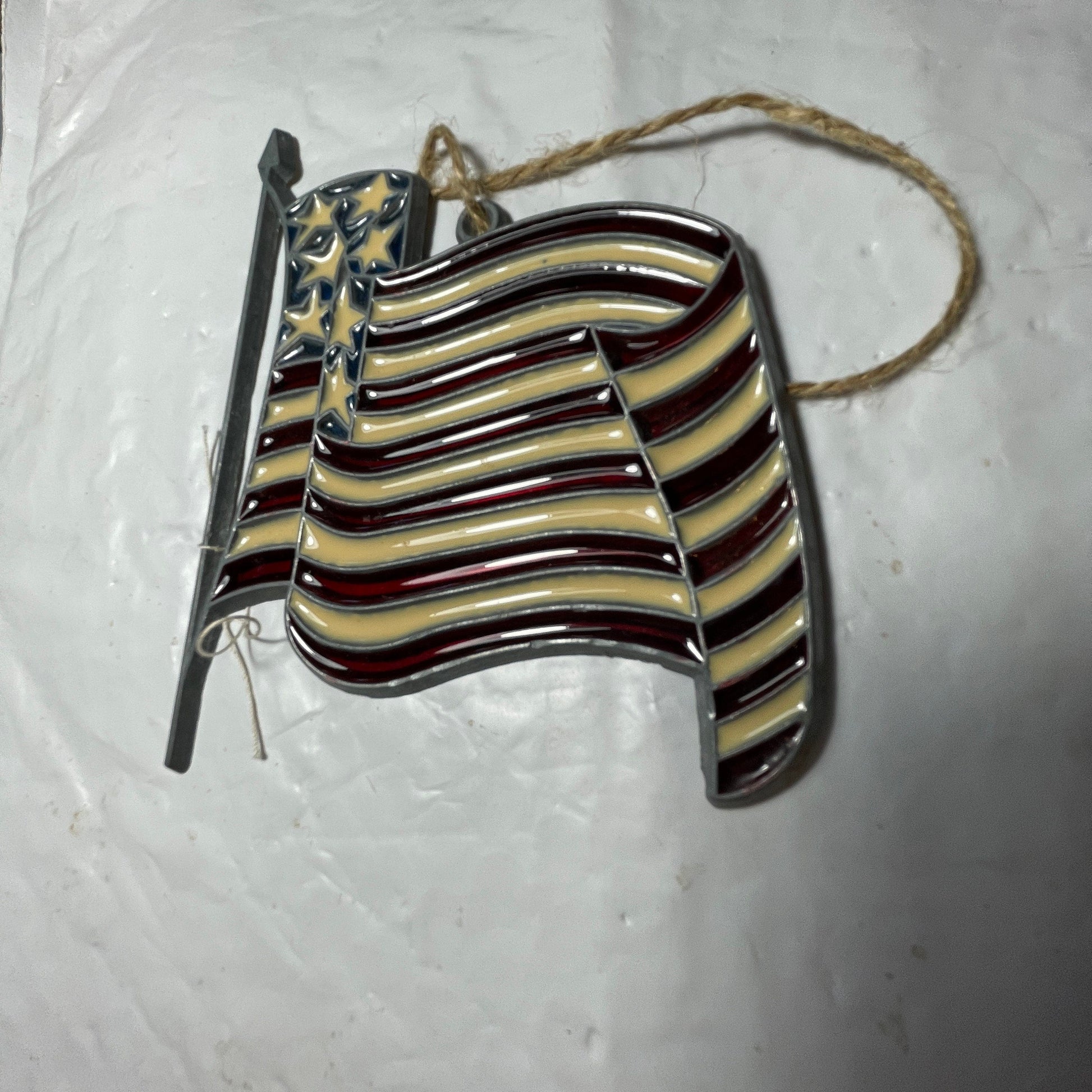 Stained Glass American Flag Waving On Metal Pole Vintage Decorative Collectible Ornament