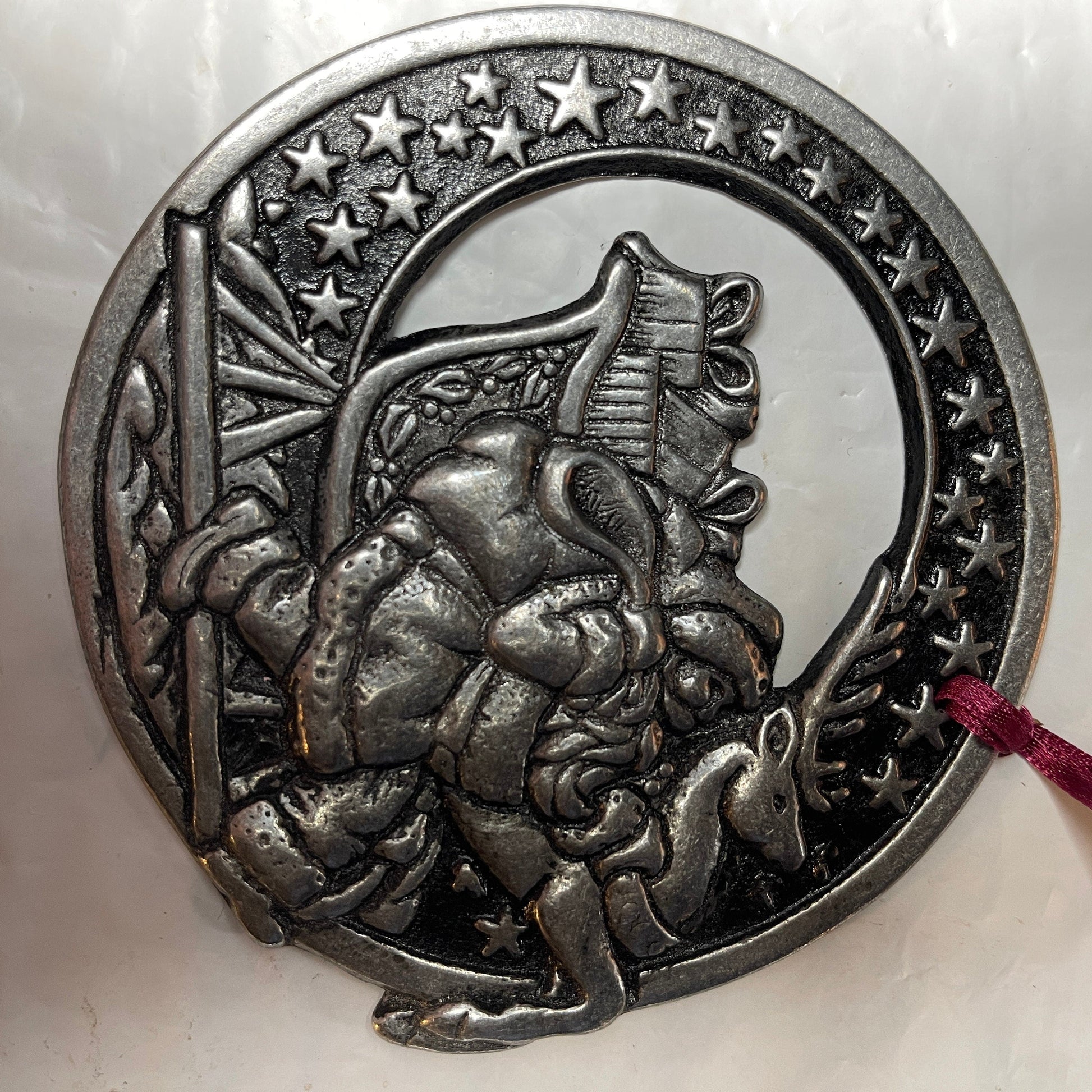 Pewter Santa Taking A Reindeer To His Sleigh 4 Inch Round Christmas Tree Ornament