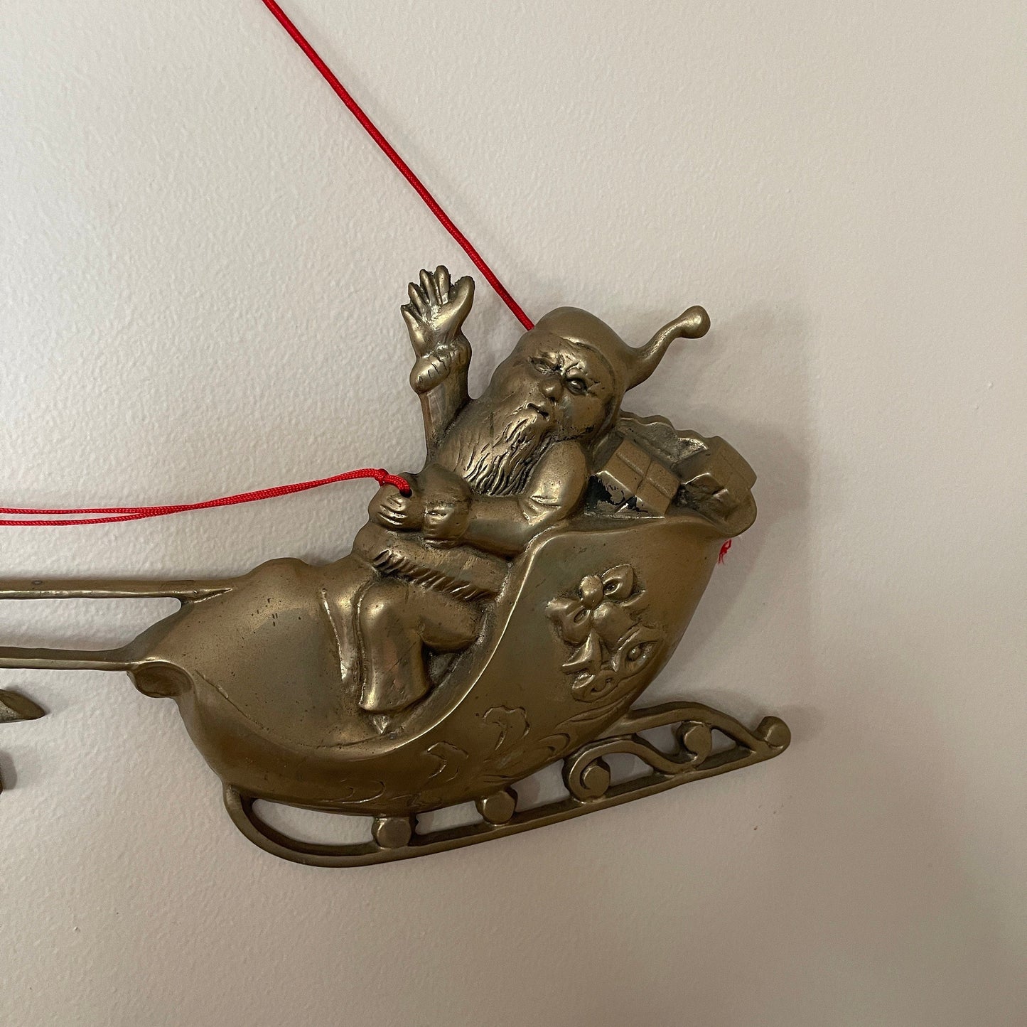 Santa in HIs Sleigh Pulled By Reindeer Large Bronze Tone Cast Metal Vintage Christmas Wall Hanging