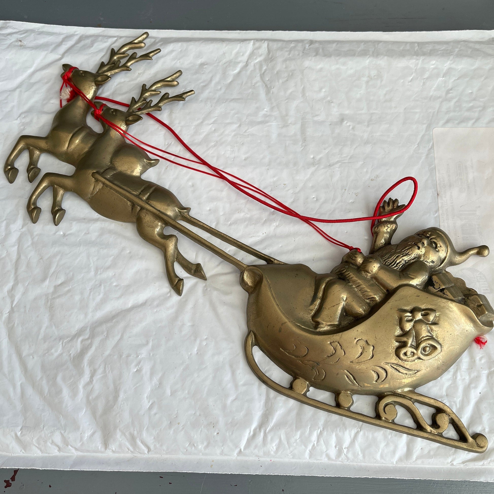 Santa in HIs Sleigh Pulled By Reindeer Large Bronze Tone Cast Metal Vintage Christmas Wall Hanging