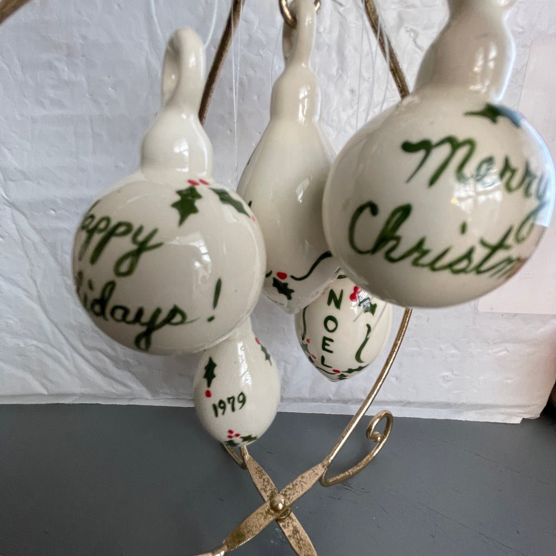 Festive Set Of 6 Holly Berries and Leaves White Porcelain Ornaments Dated 1979 Christmas Ornaments