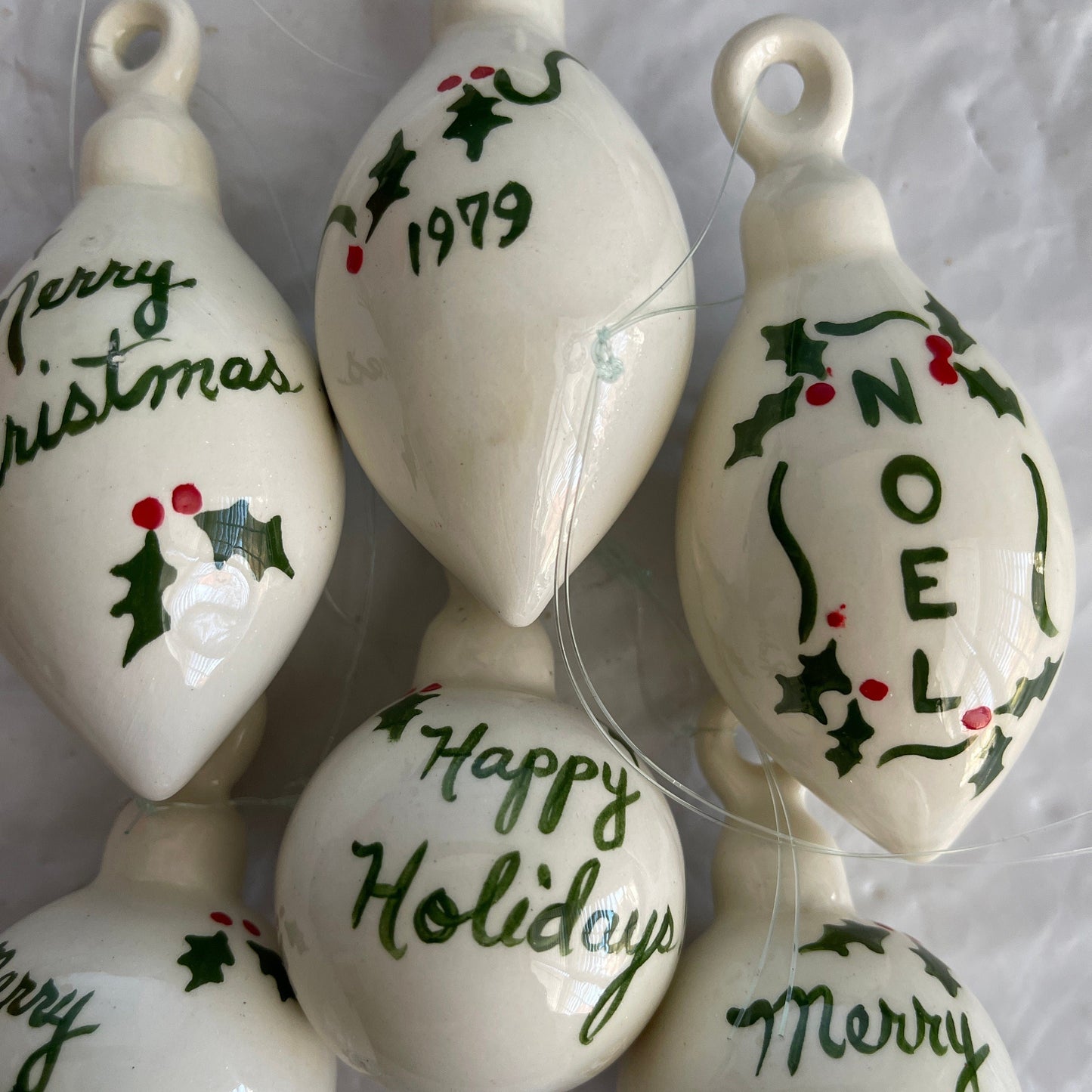 Festive Set Of 6 Holly Berries and Leaves White Porcelain Ornaments Dated 1979 Christmas Ornaments
