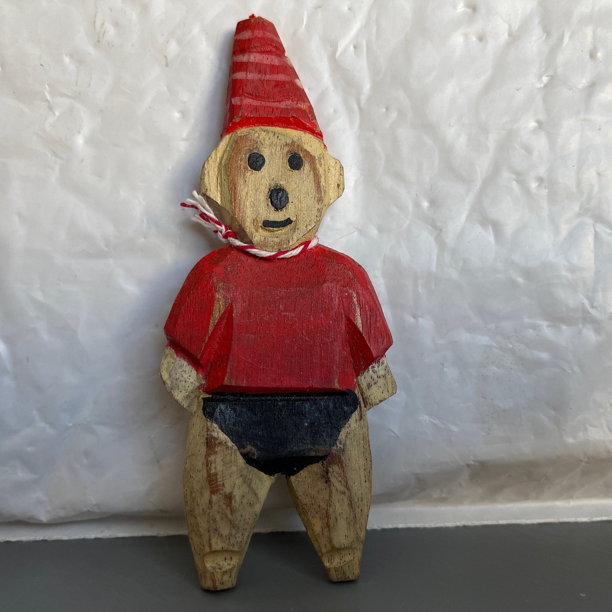 Elf In A Striped Cone Hat Carved Wooden Christmas Ornament