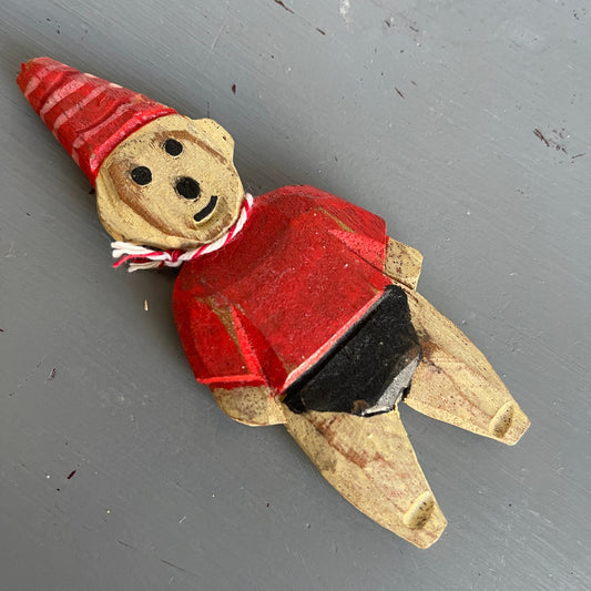Elf In A Striped Cone Hat Carved Wooden Christmas Ornament