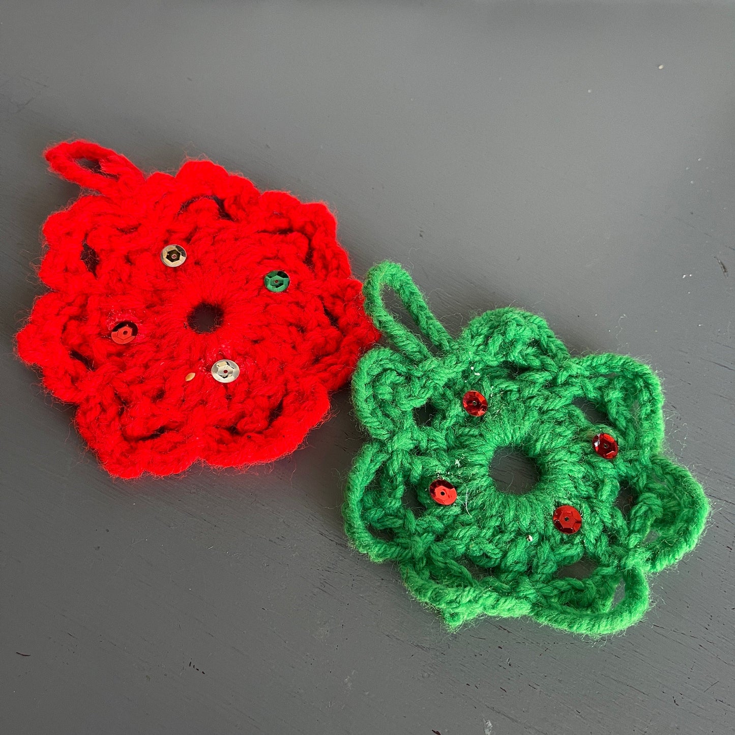 Snowflakes Pair Red and Green Hand Knitted Vintage Christmas Ornament