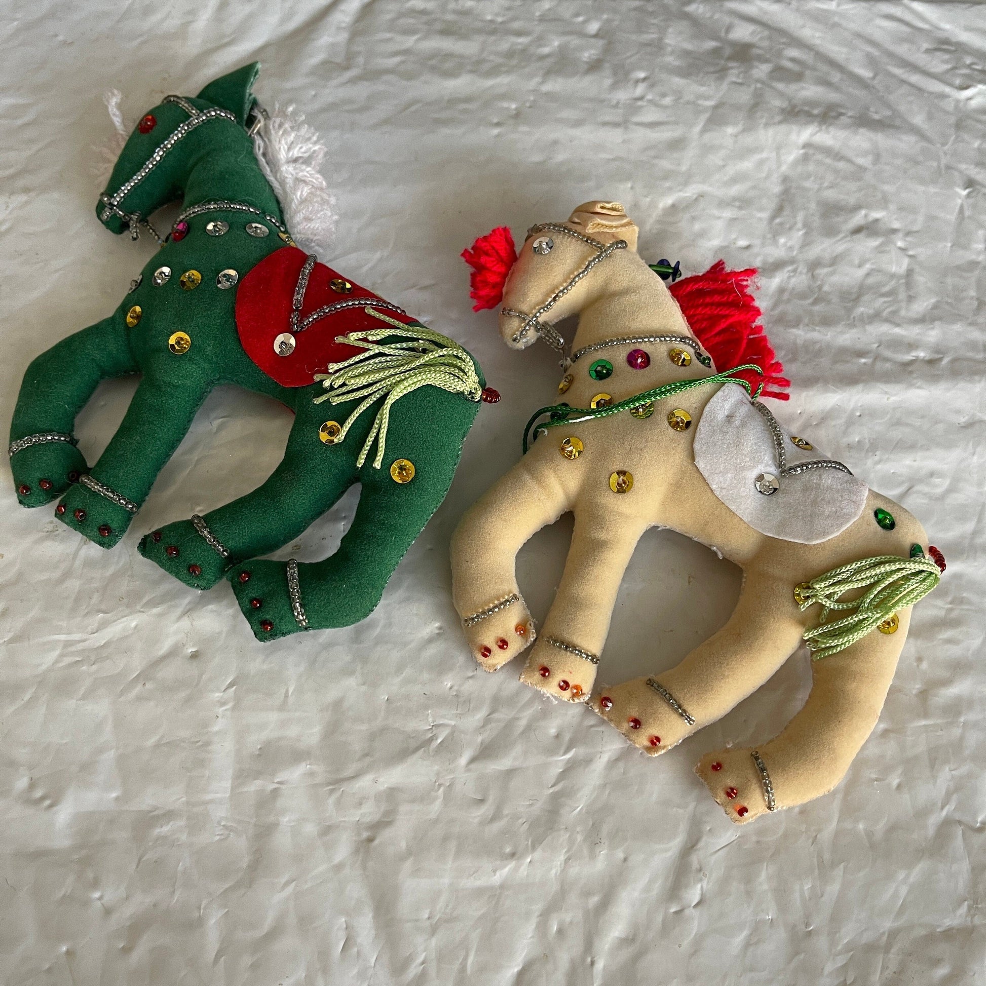 Spectacular Show Horses Pair Green and White with Fancy Saddles Decorated with Sequins Velveteen Plush Ornaments