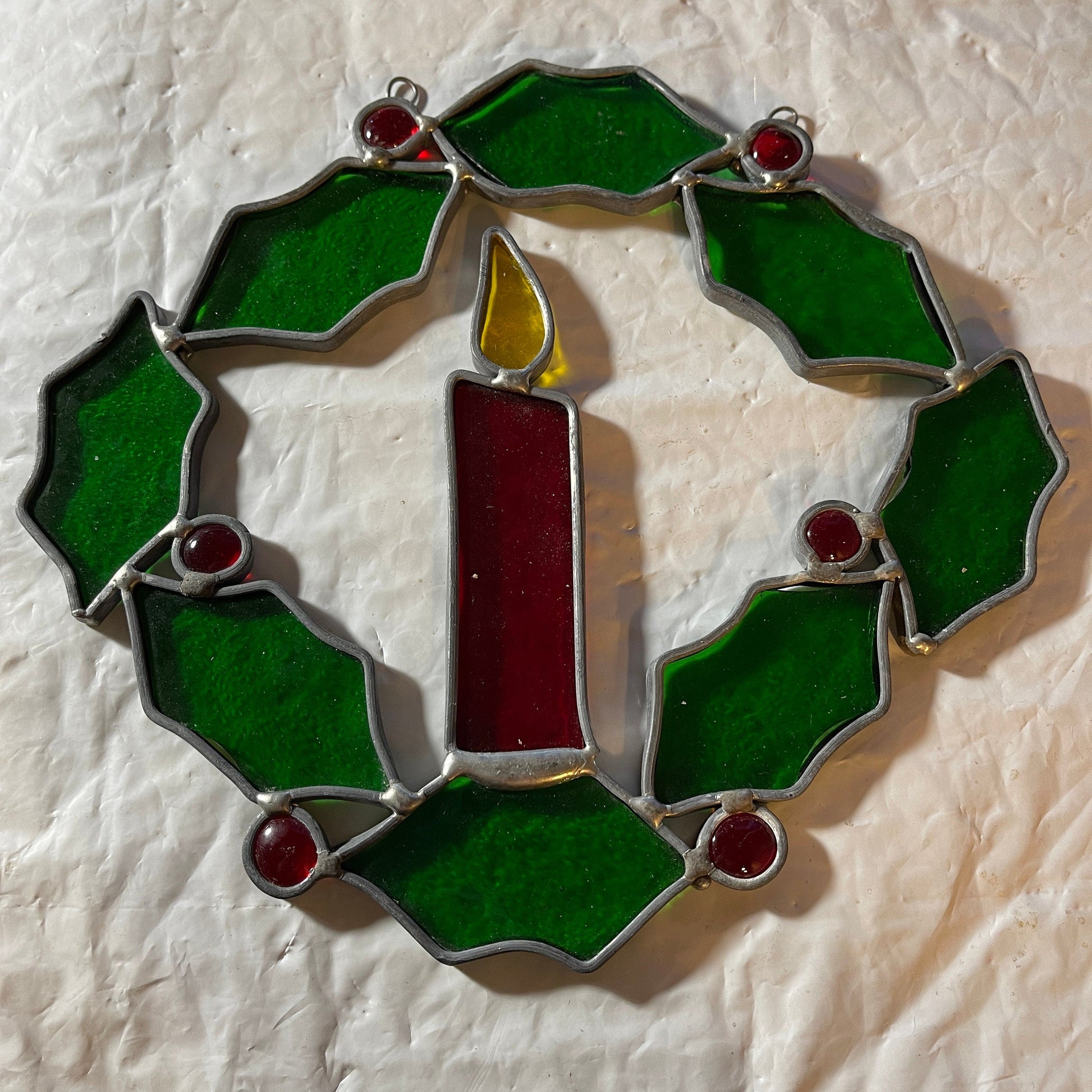 Stained Glass Candle & Holly Wreath Large 7.25 Inch Vintage Window/Wall  Christmas Decoration