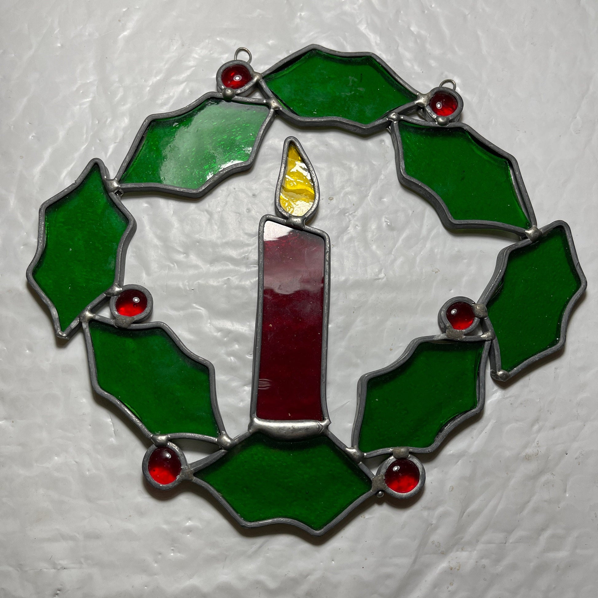 Stained Glass Candle & Holly Wreath Large 7.25 Inch Vintage Window/Wall  Christmas Decoration
