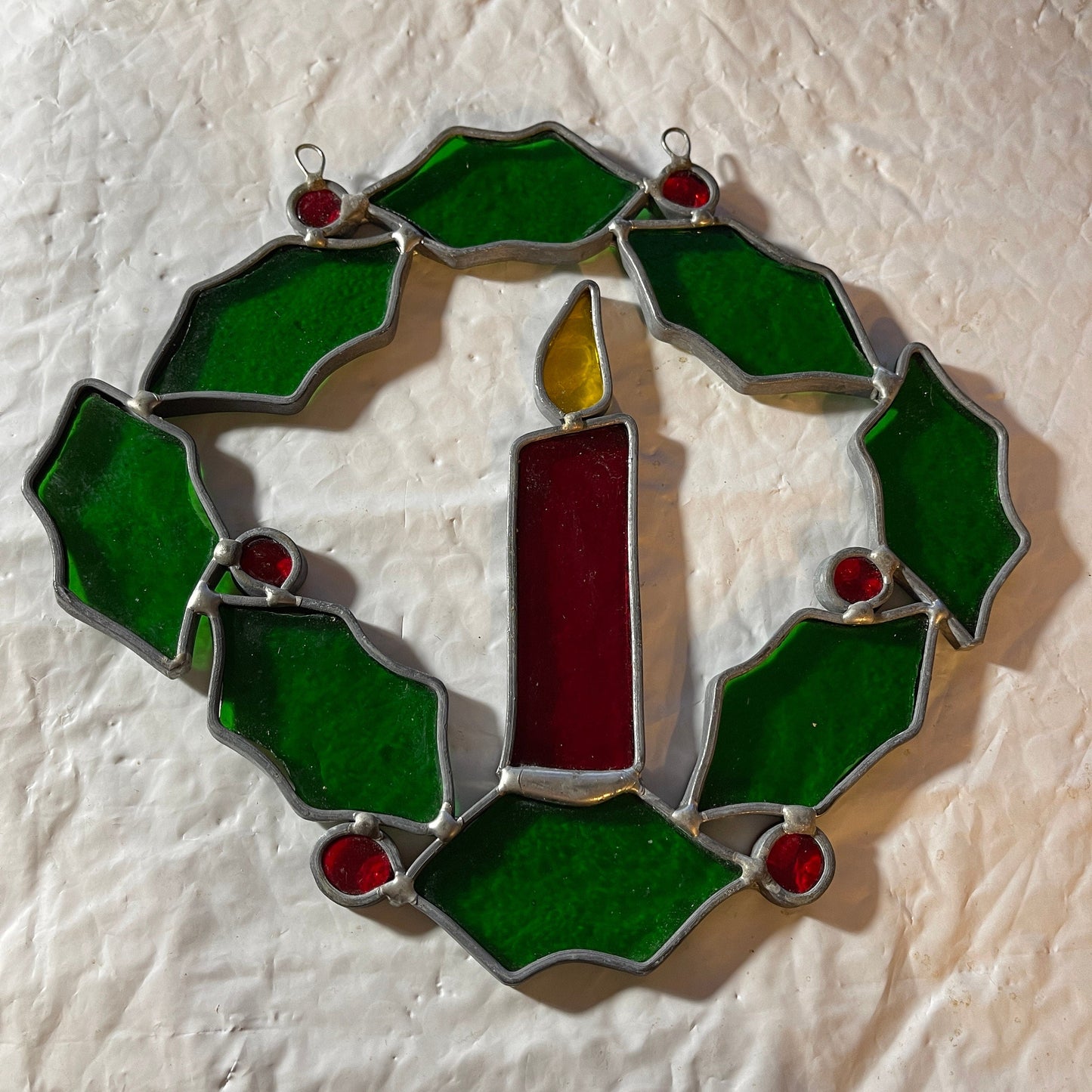 Stained Glass Candle & Holly Wreath Large 7.25 Inch Vintage Window/Wall Christmas Decoration