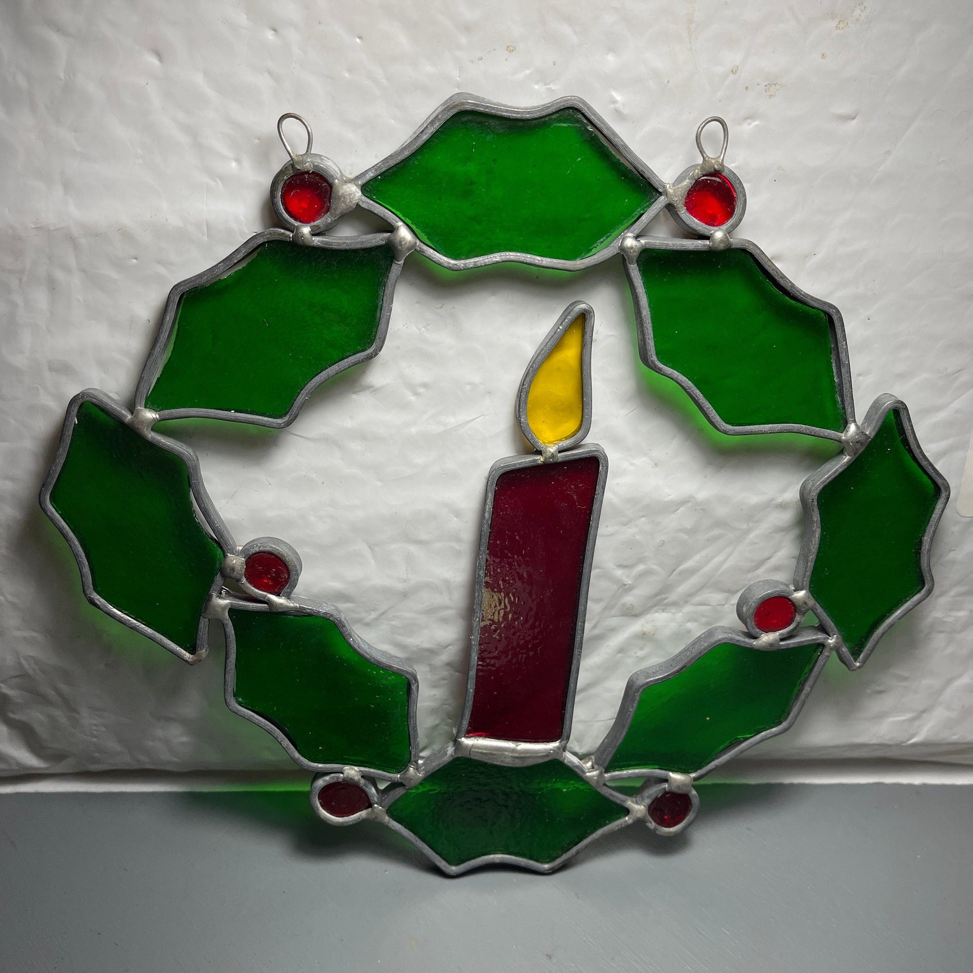 Stained Glass Candle & Holly Wreath Large 7.25 Inch Vintage Window/Wall  Christmas Decoration