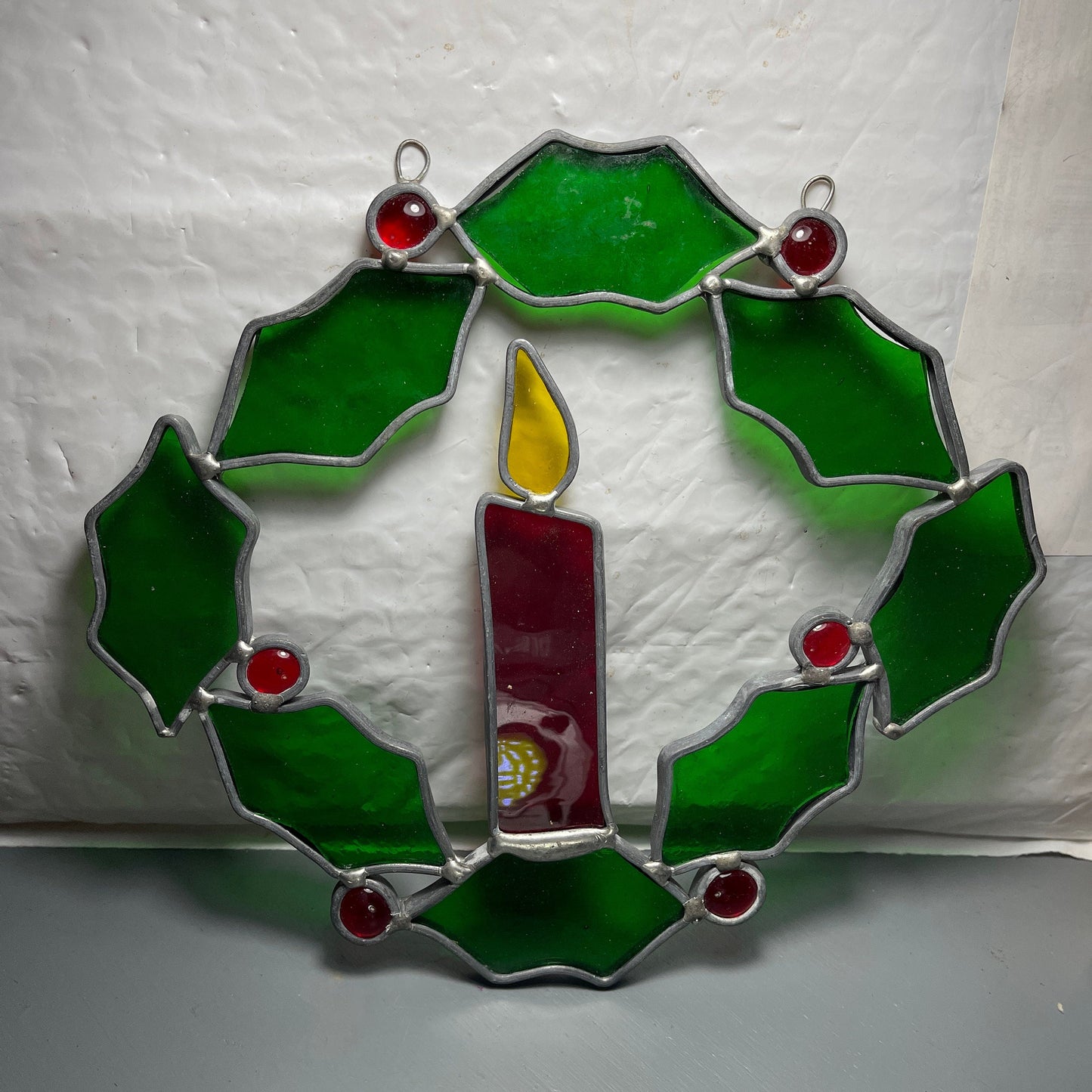 Stained Glass Candle & Holly Wreath Large 7.25 Inch Vintage Window/Wall Christmas Decoration