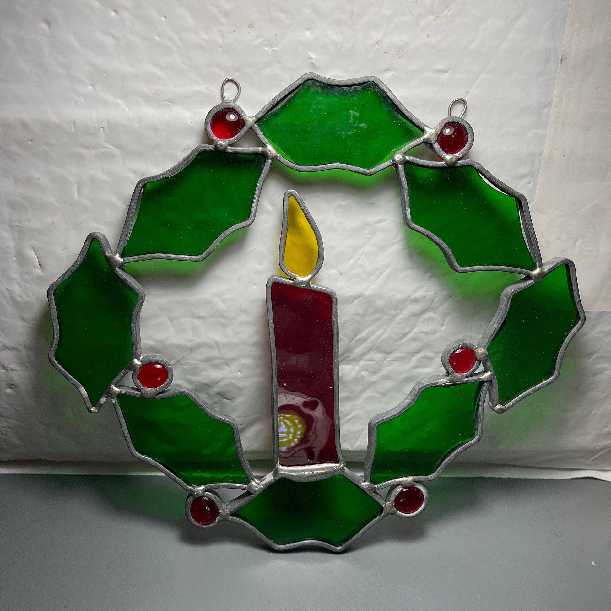 Stained Glass Candle & Holly Wreath Large 7.25 Inch Vintage Window/Wall  Christmas Decoration