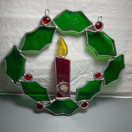 Stained Glass Candle & Holly Wreath Large 7.25 Inch Vintage Window/Wall  Christmas Decoration
