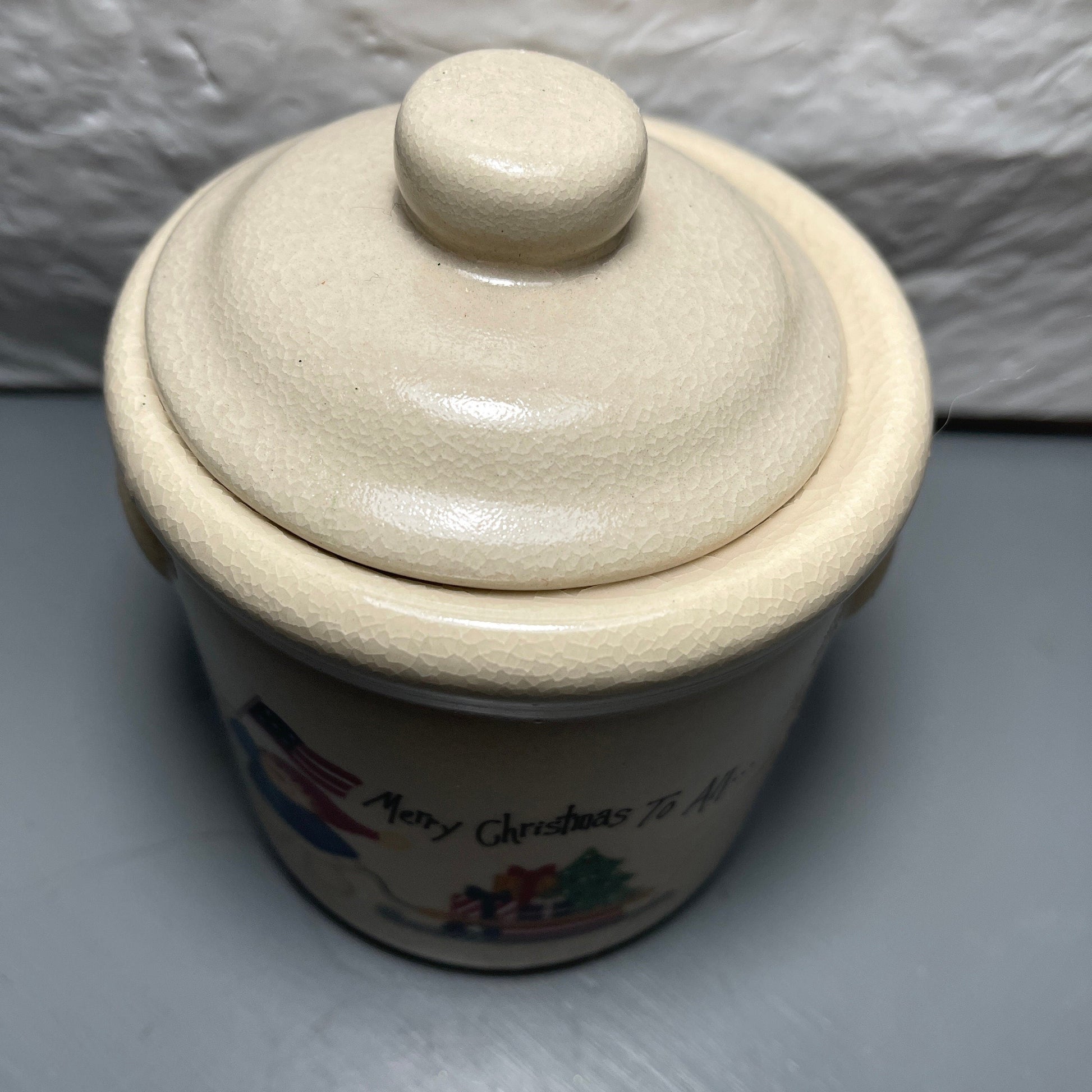 Merry Christmas To All Patriotic Snowman Vintage Candle Crock with Lid