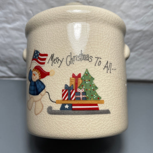 Merry Christmas To All Patriotic Snowman Vintage Candle Crock with Lid
