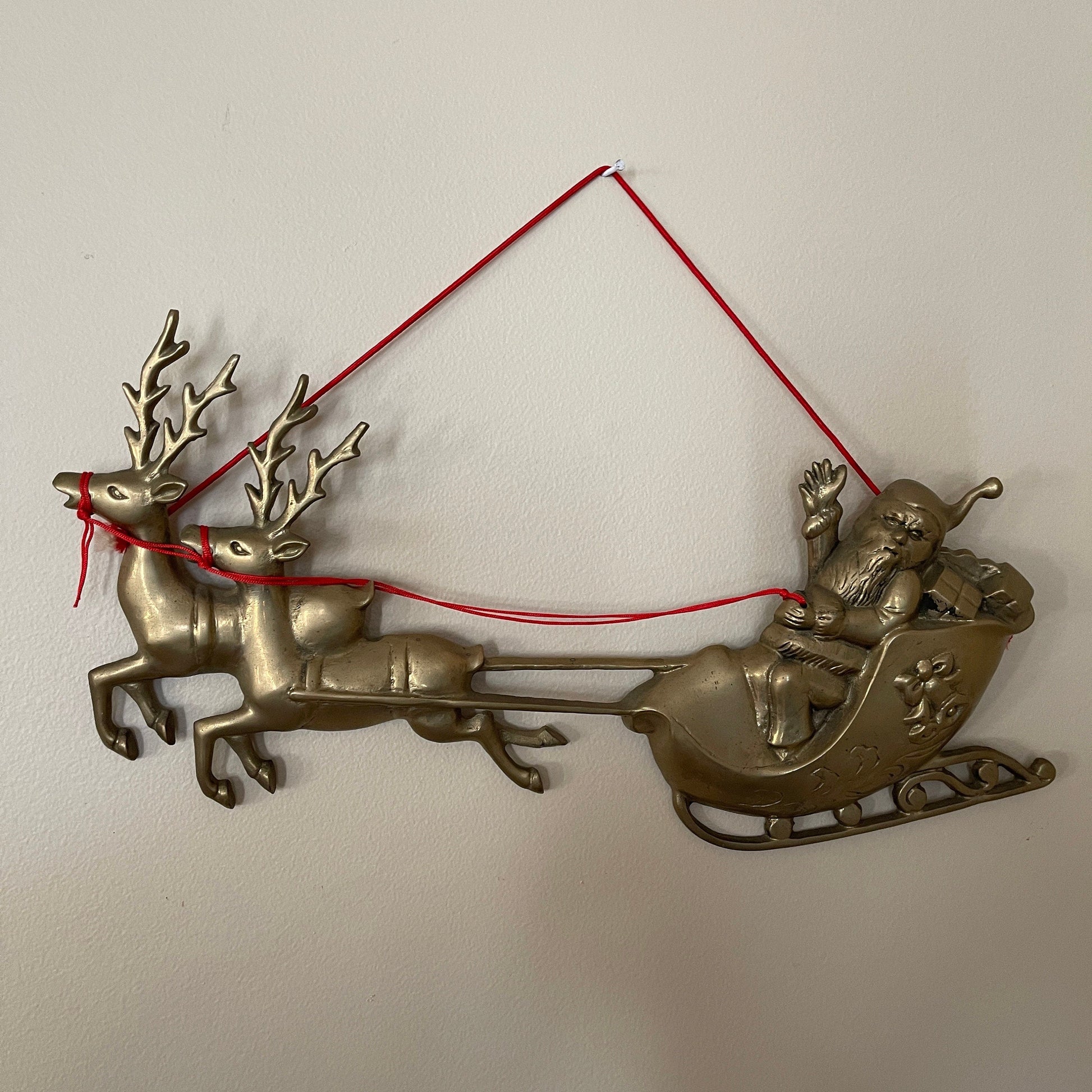 Santa in HIs Sleigh Pulled By Reindeer Large Bronze Tone Cast Metal Vintage Christmas Wall Hanging