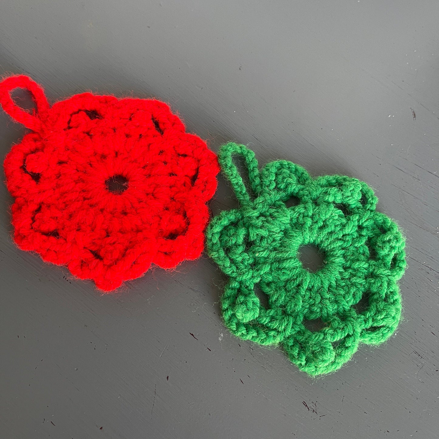 Snowflakes Pair Red and Green Hand Knitted Vintage Christmas Ornament