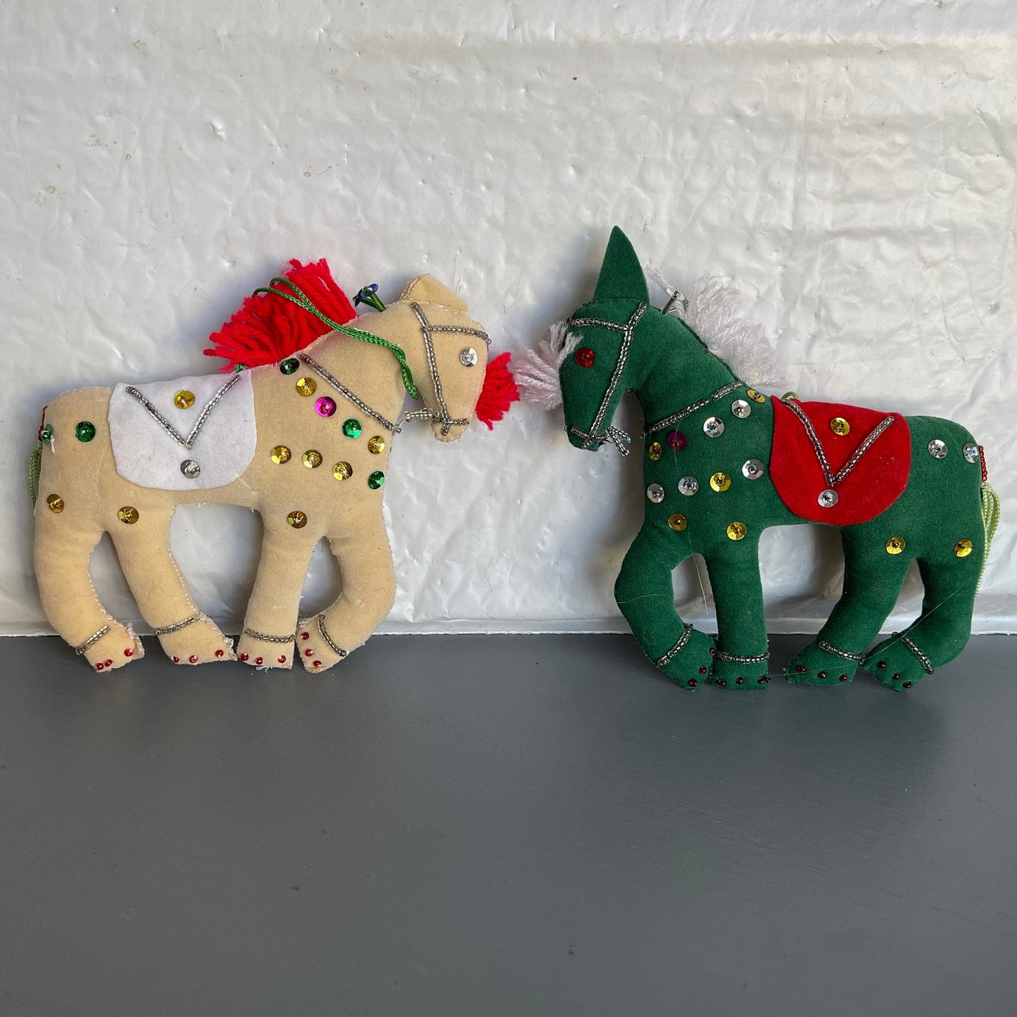 Spectacular Show Horses Pair Green and White with Fancy Saddles Decorated with Sequins Velveteen Plush Ornaments