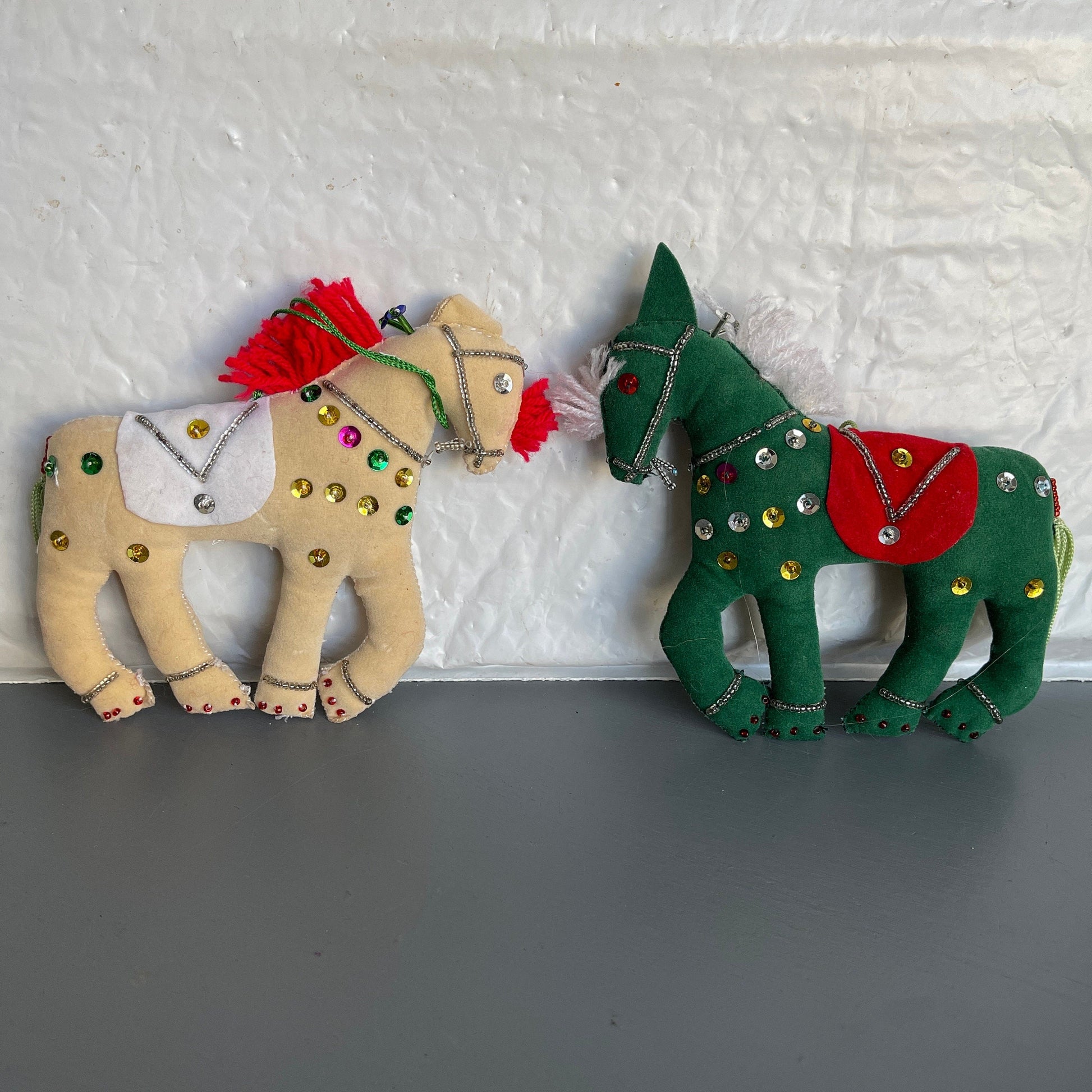 Spectacular Show Horses Pair Green and White with Fancy Saddles Decorated with Sequins Velveteen Plush Ornaments