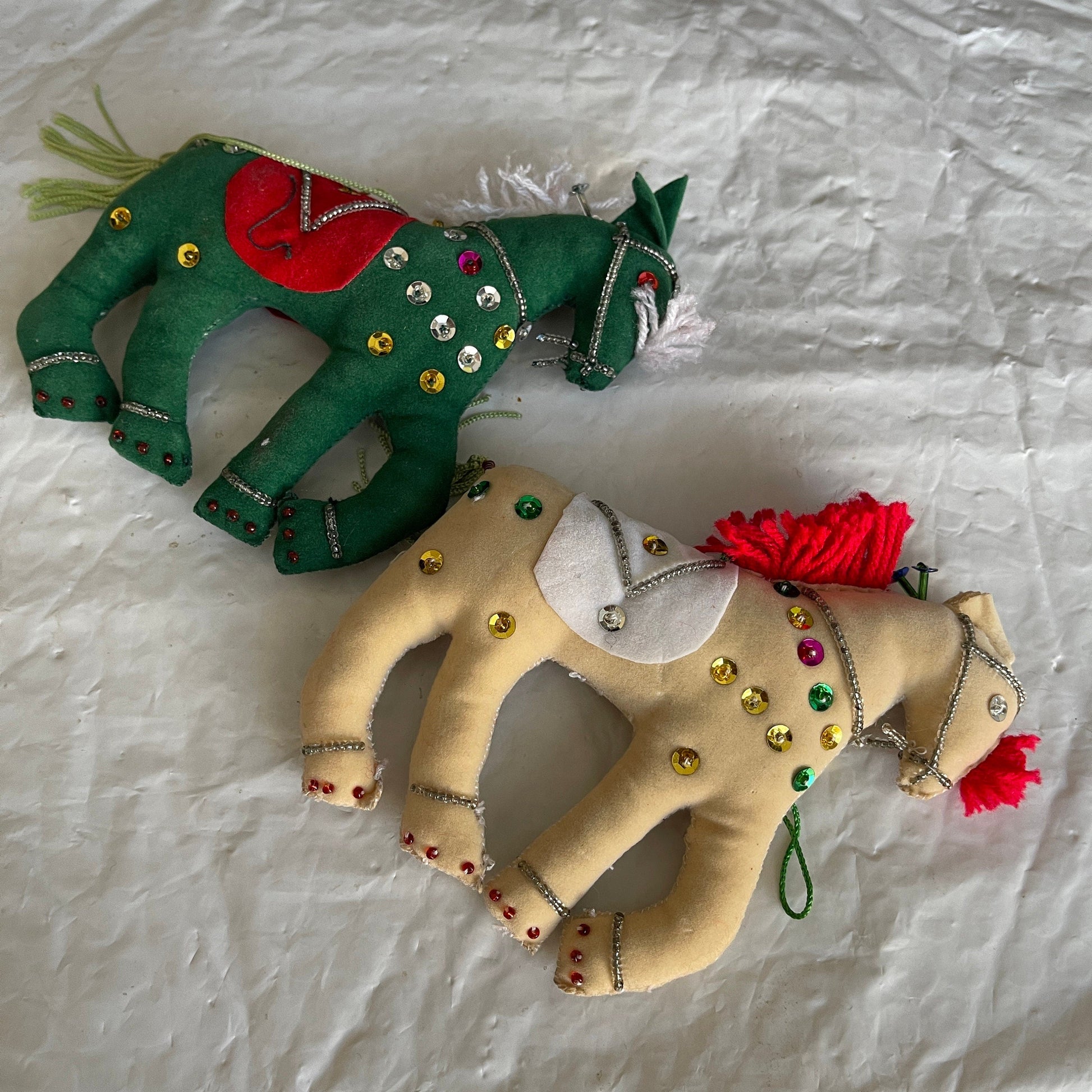 Spectacular Show Horses Pair Green and White with Fancy Saddles Decorated with Sequins Velveteen Plush Ornaments