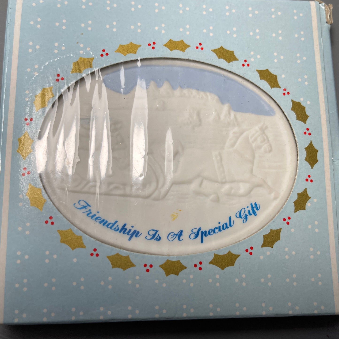 Russ Christmas Reminiscence Friendship Is A Special Gift Vintage Porcelain Ornament