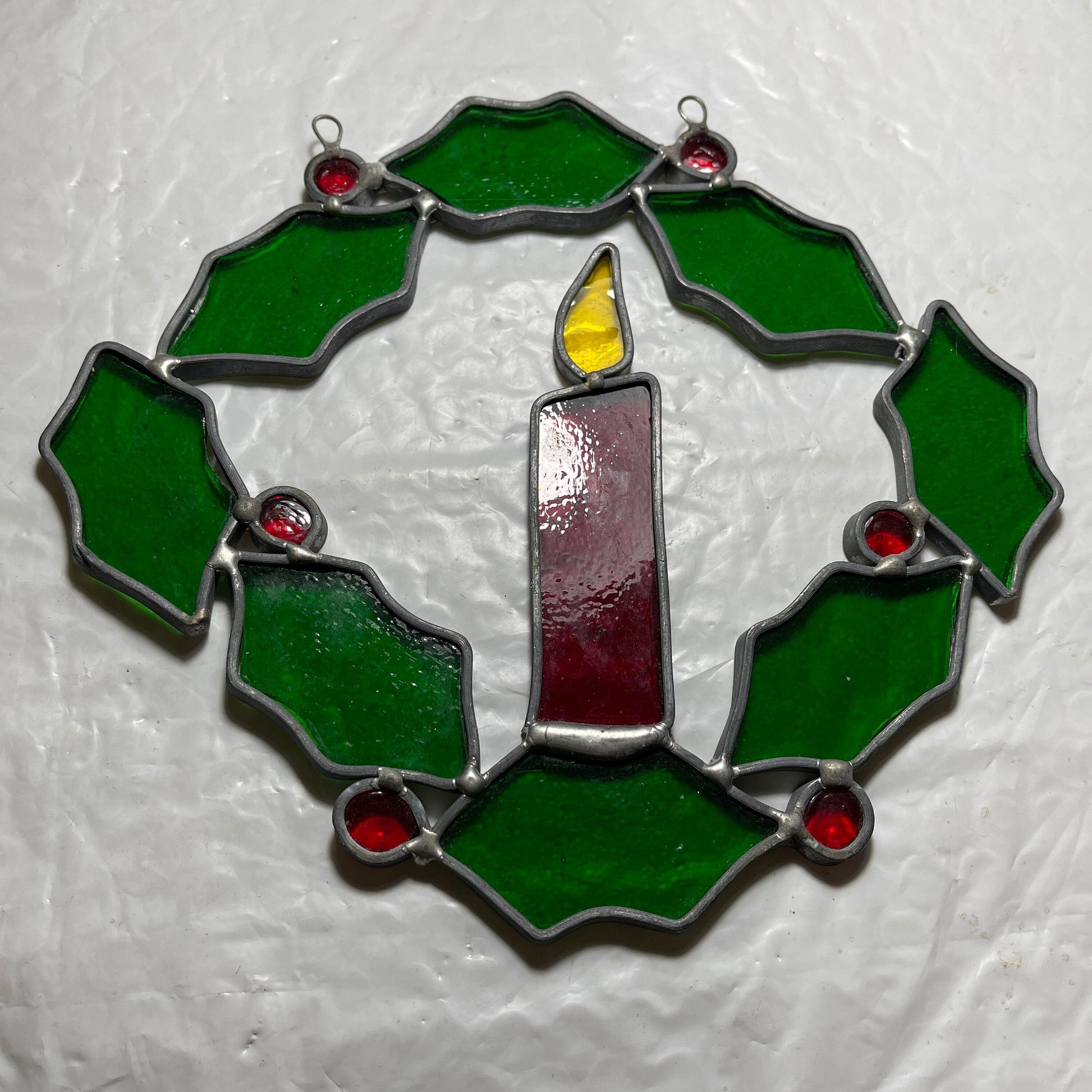 Stained Glass Candle & Holly Wreath Large 7.25 Inch Vintage Window/Wall  Christmas Decoration