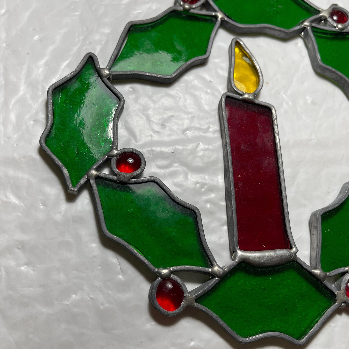 Stained Glass Candle & Holly Wreath Large 7.25 Inch Vintage Window/Wall Christmas Decoration