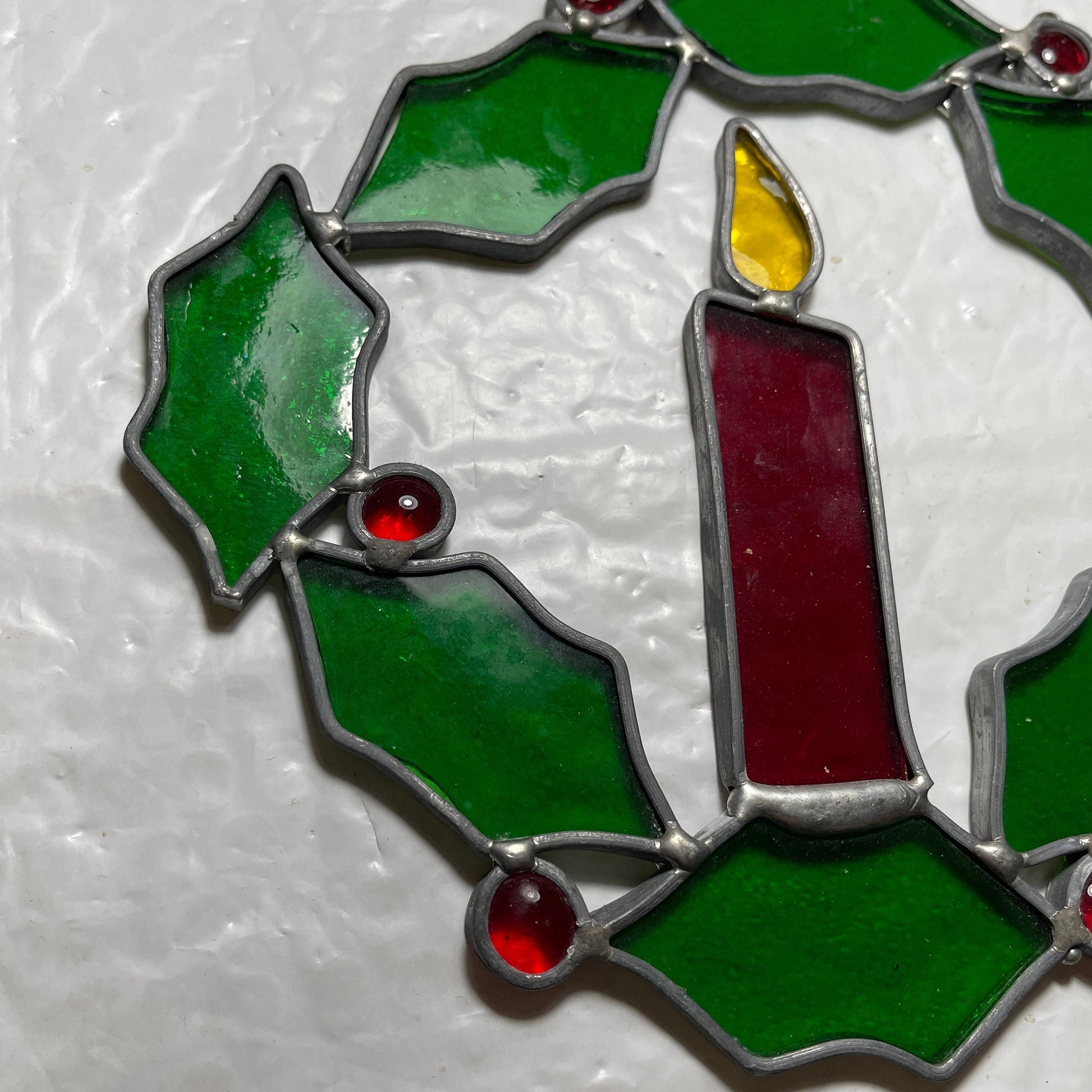 Stained Glass Candle & Holly Wreath Large 7.25 Inch Vintage Window/Wall  Christmas Decoration