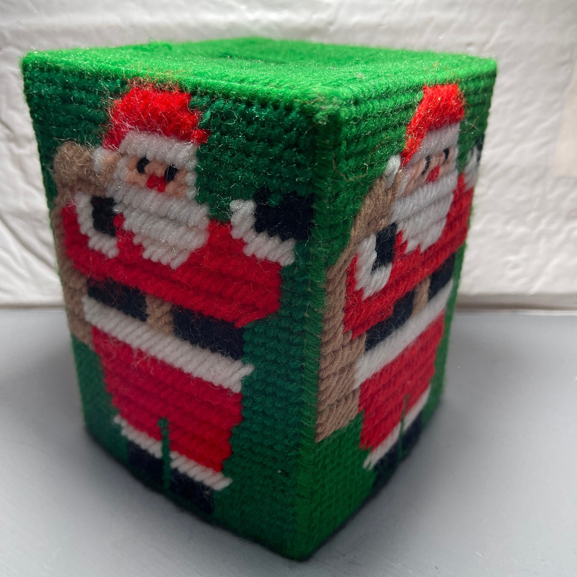 Santa Clause Carrying His Sack Tissue Box Vintage Plastic Canvass Finished Project