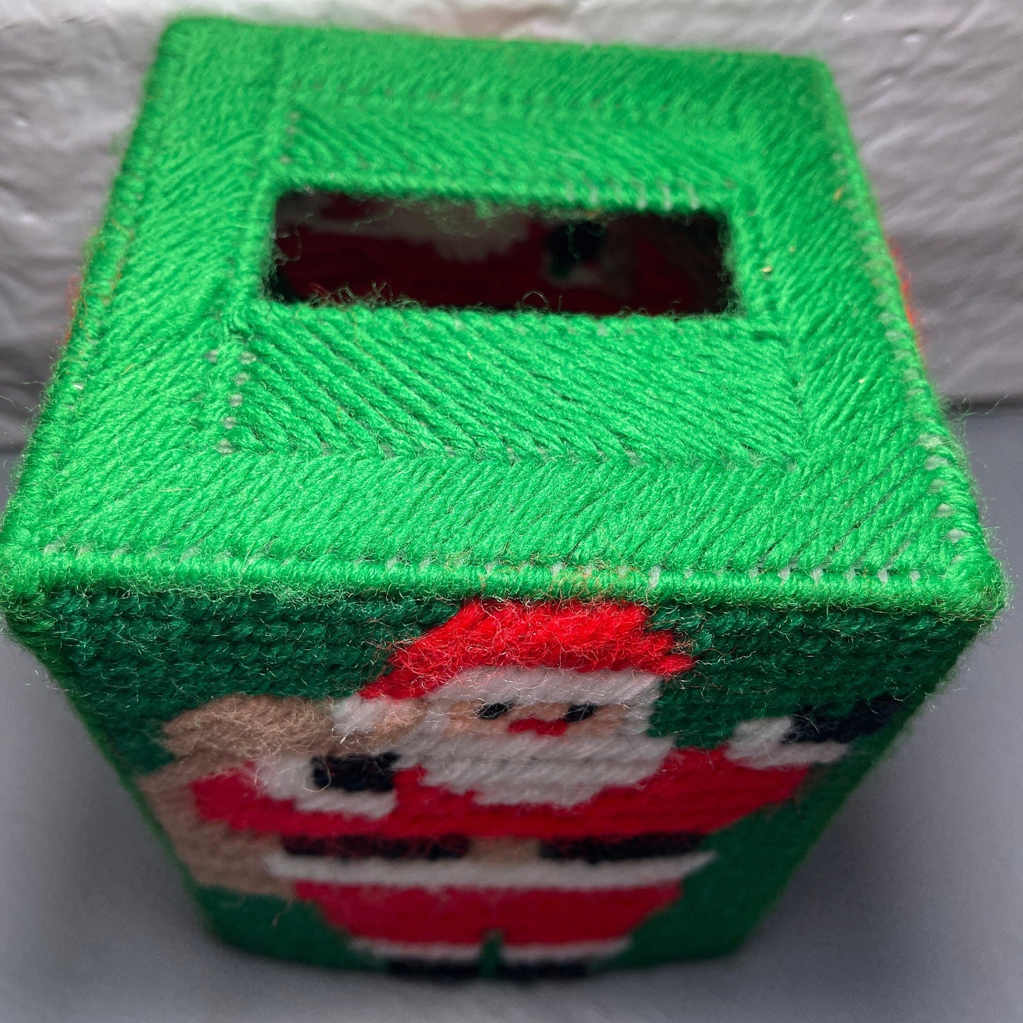 Santa Clause Carrying His Sack Tissue Box Vintage Plastic Canvass Finished Project