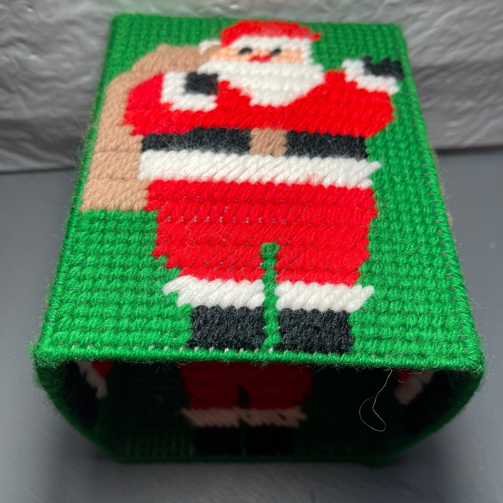 Santa Clause Carrying His Sack Tissue Box Vintage Plastic Canvass Finished Project