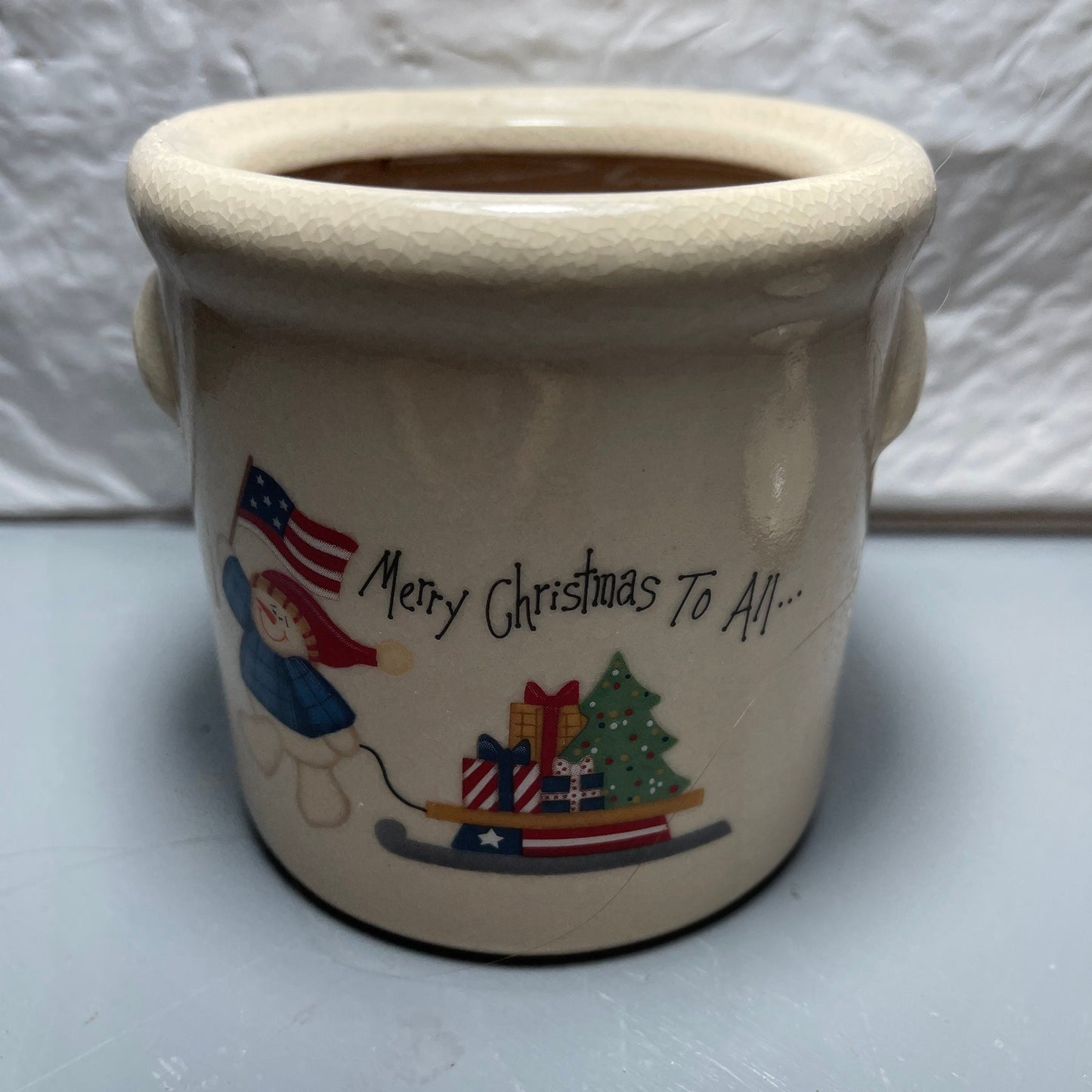 Merry Christmas To All Patriotic Snowman Vintage Candle Crock with Lid