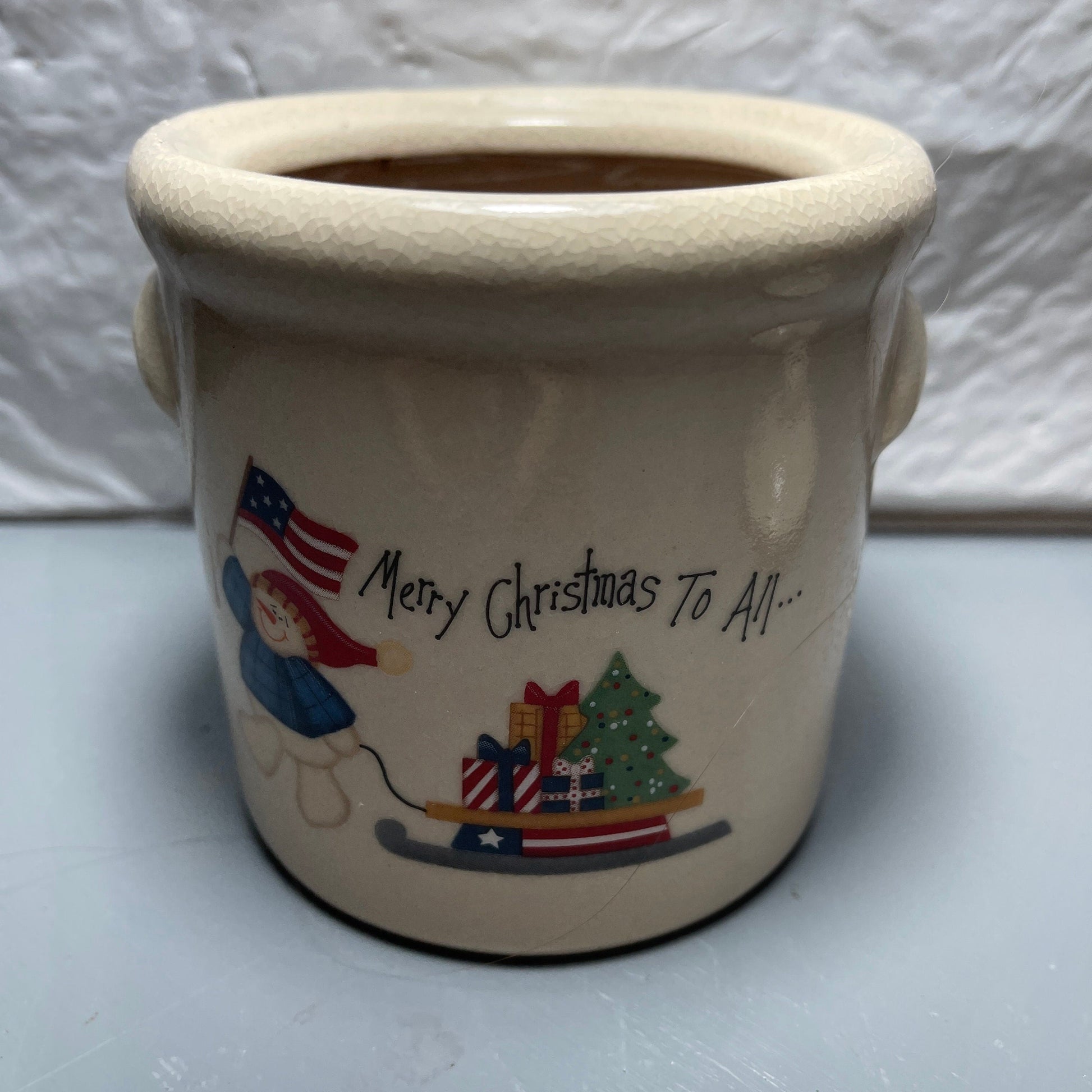 Merry Christmas To All Patriotic Snowman Vintage Candle Crock with Lid