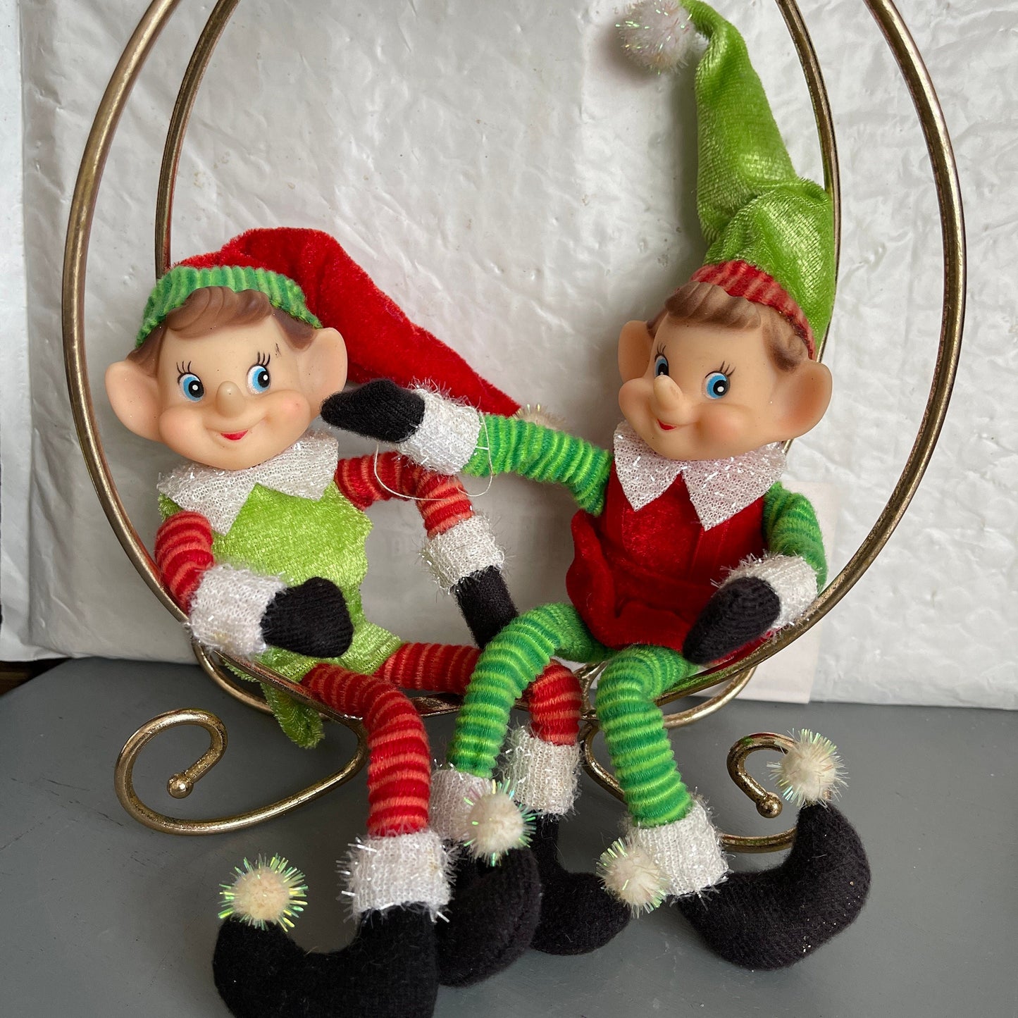 Cute Pair Of Santas Elves Vintage Christmas Collectible Shelf Sitter Decorations