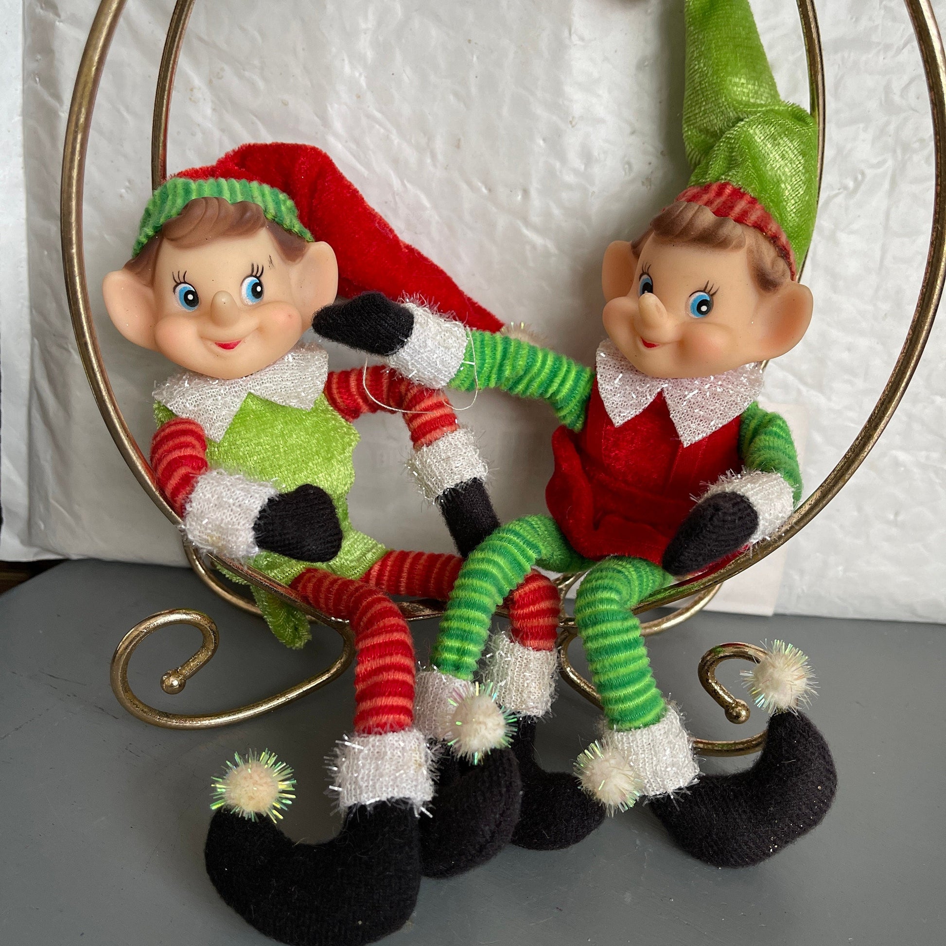 Cute Pair Of Santas Elves Vintage Christmas Collectible Shelf Sitter Decorations