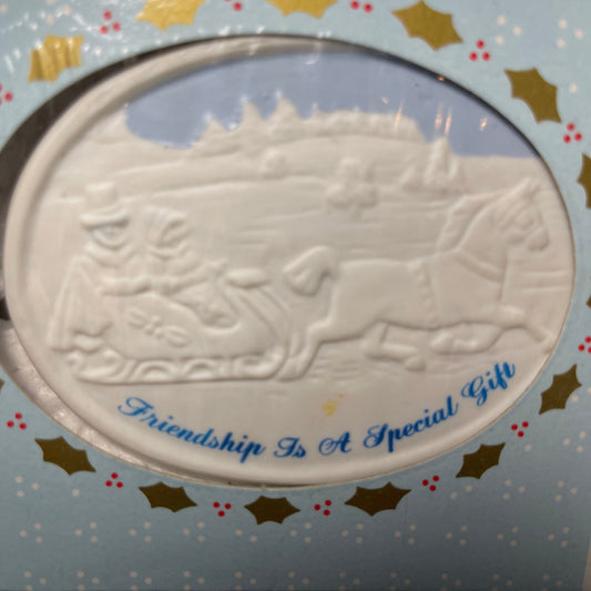 Russ Christmas Reminiscence Friendship  Is A Special Gift Vintage Porcelain Ornament