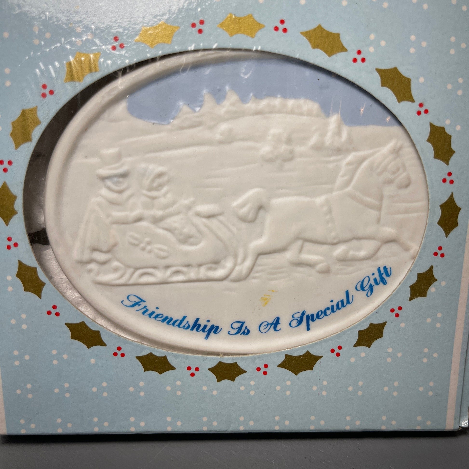 Russ Christmas Reminiscence Friendship  Is A Special Gift Vintage Porcelain Ornament