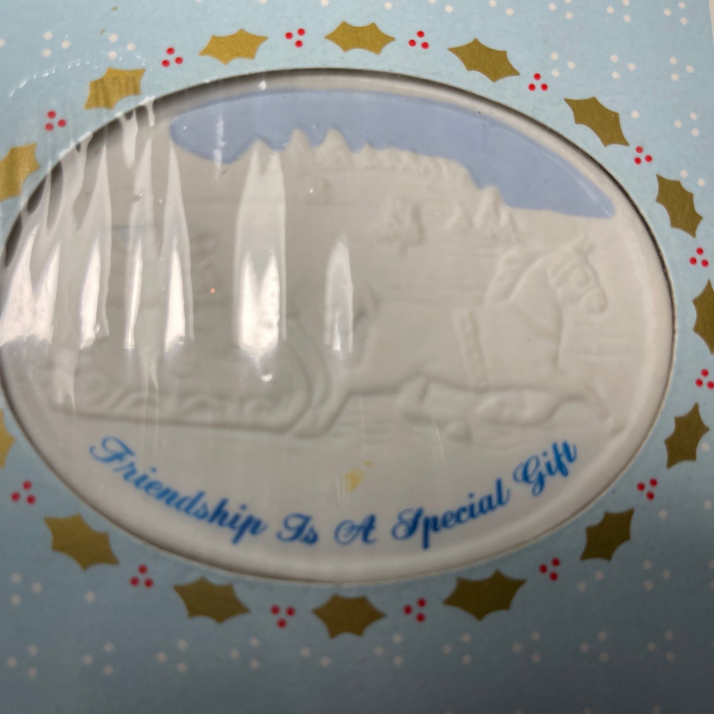 Russ Christmas Reminiscence Friendship Is A Special Gift Vintage Porcelain Ornament