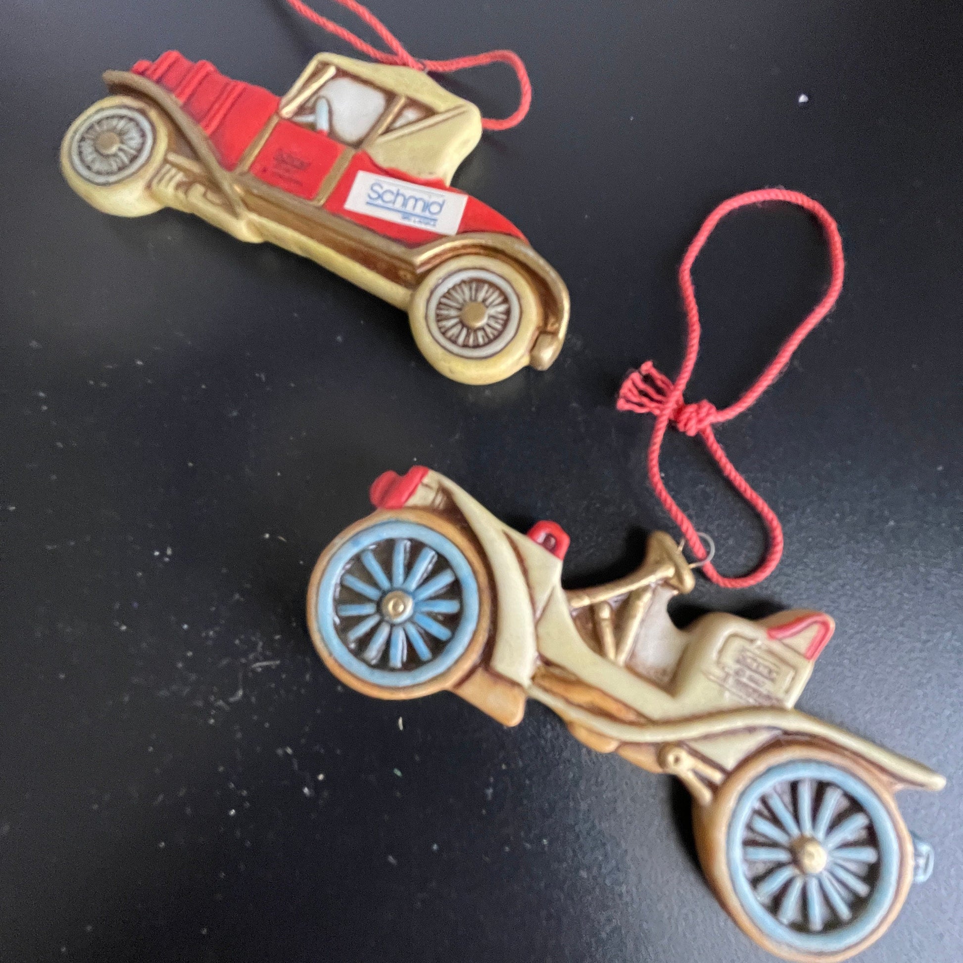 Schmid Antique Automobiles Set Of 2 Porcelain Vintage Transportation Collectible Ornaments
