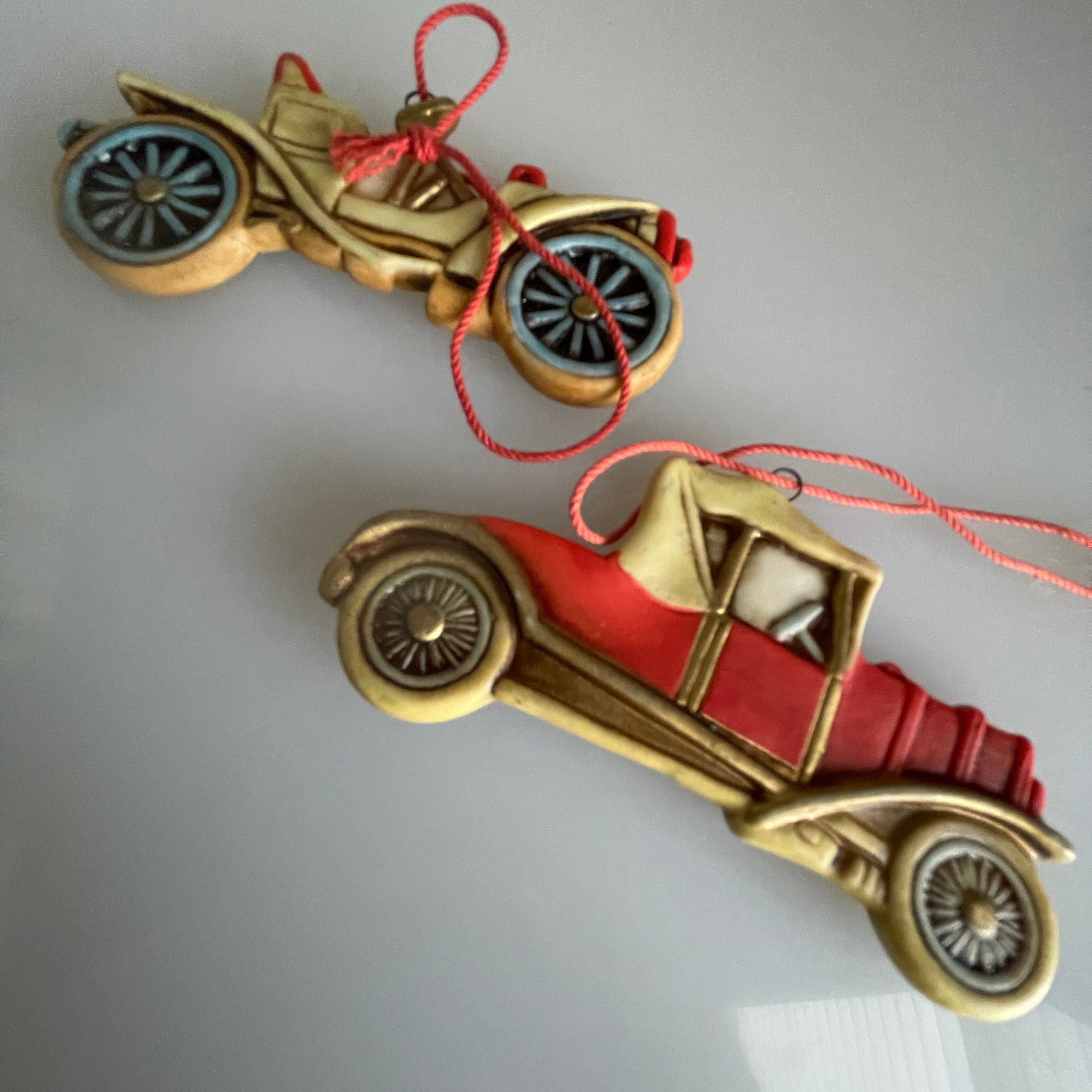 Schmid Antique Automobiles Set Of 2 Porcelain Vintage Transportation Collectible Ornaments