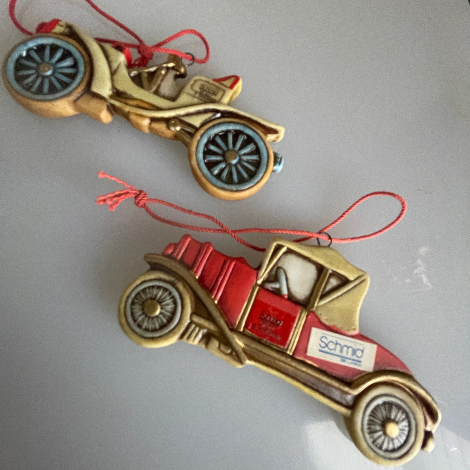 Schmid Antique Automobiles Set Of 2 Porcelain Vintage Transportation Collectible Ornaments