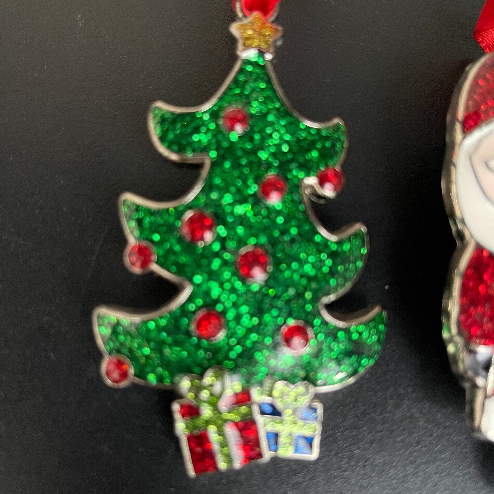 Christmas Tree and North Pole Santa Clause Set of 2 Sparkle-Metal 3 inch Christmas Ornaments