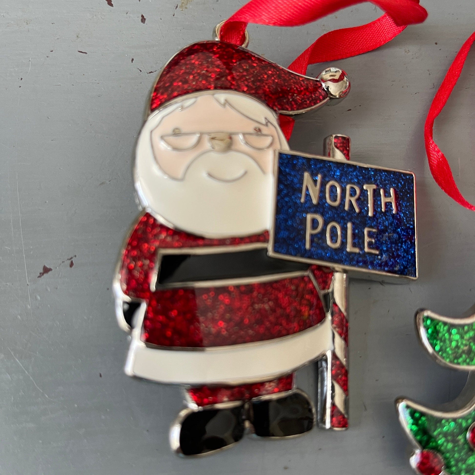 Christmas Tree and North Pole Santa Clause Set of 2 Sparkle-Metal 3 inch Christmas Ornaments