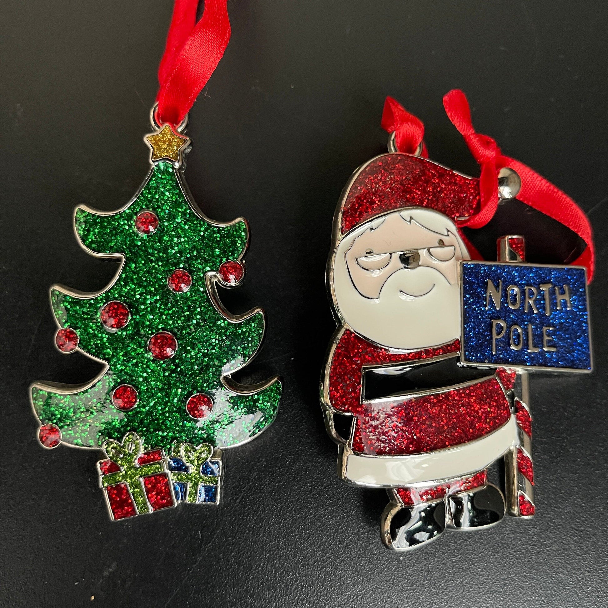 Christmas Tree and North Pole Santa Clause Set of 2 Sparkle-Metal 3 inch Christmas Ornaments