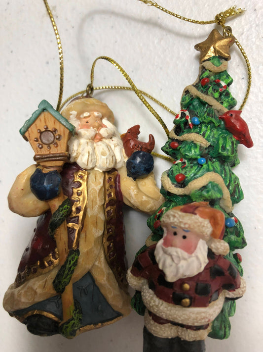 Resin Ornaments Vintage Set of Two Santa with Bird House, Santa with Christmas Tree