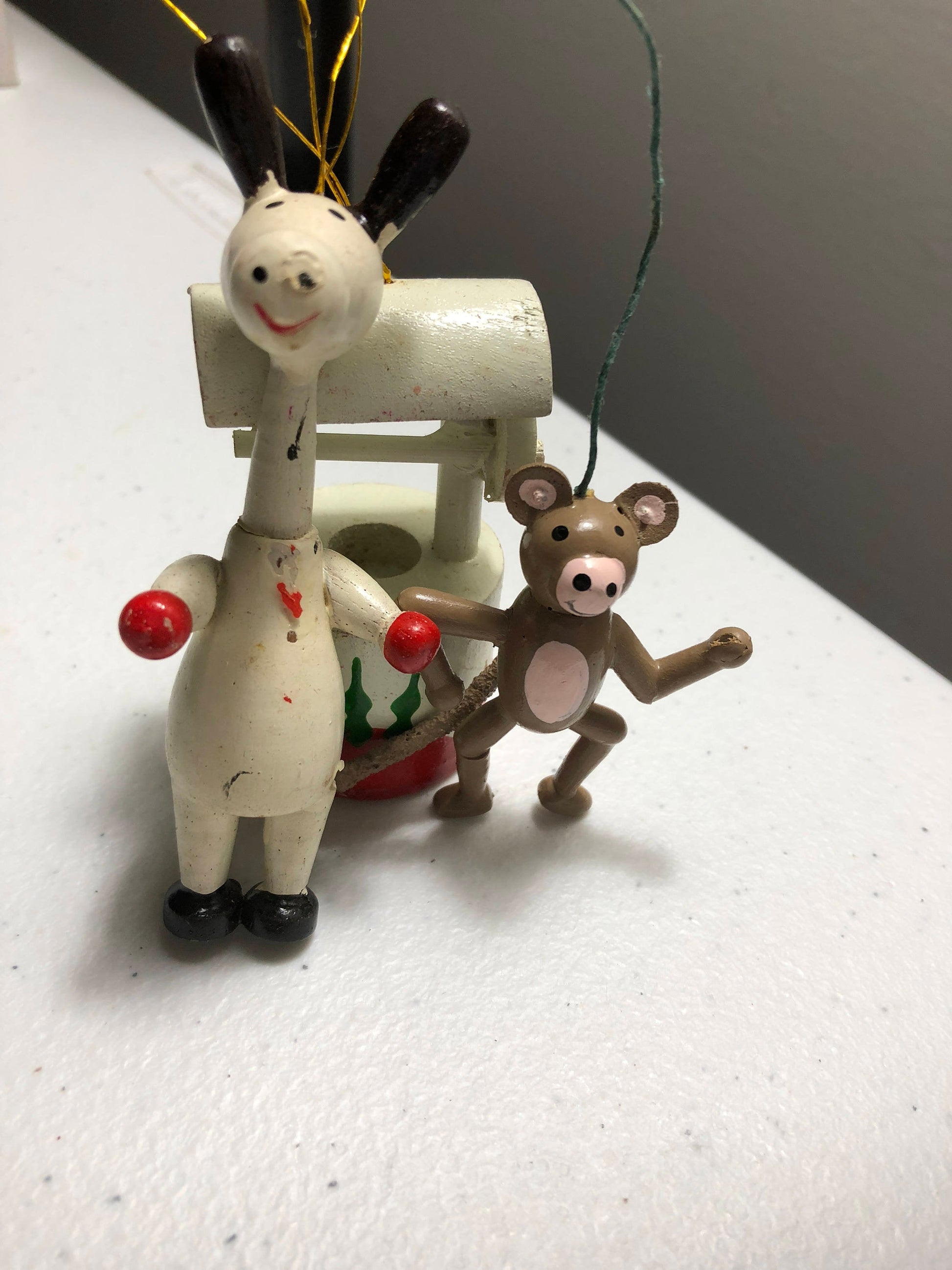 Wooden Ornaments Vintage Set of Three Monkey, Wishing Well, Horse