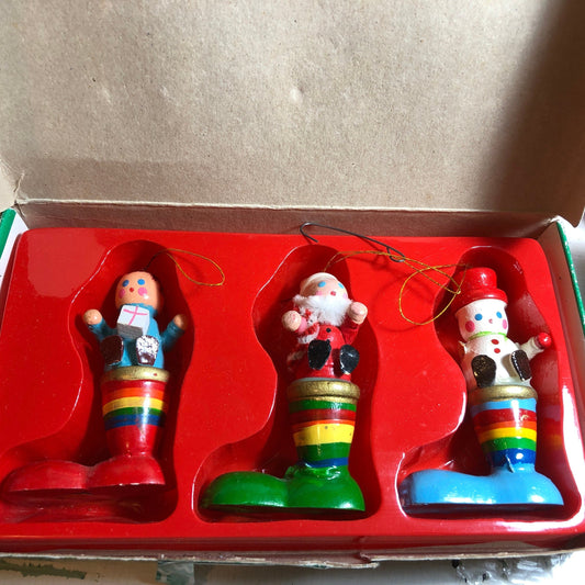 Santa, Boy with Gift, and Snowman all in Stockings, Set of 3 wooden Hand Painted Vintage 1984 Christmas Ornaments