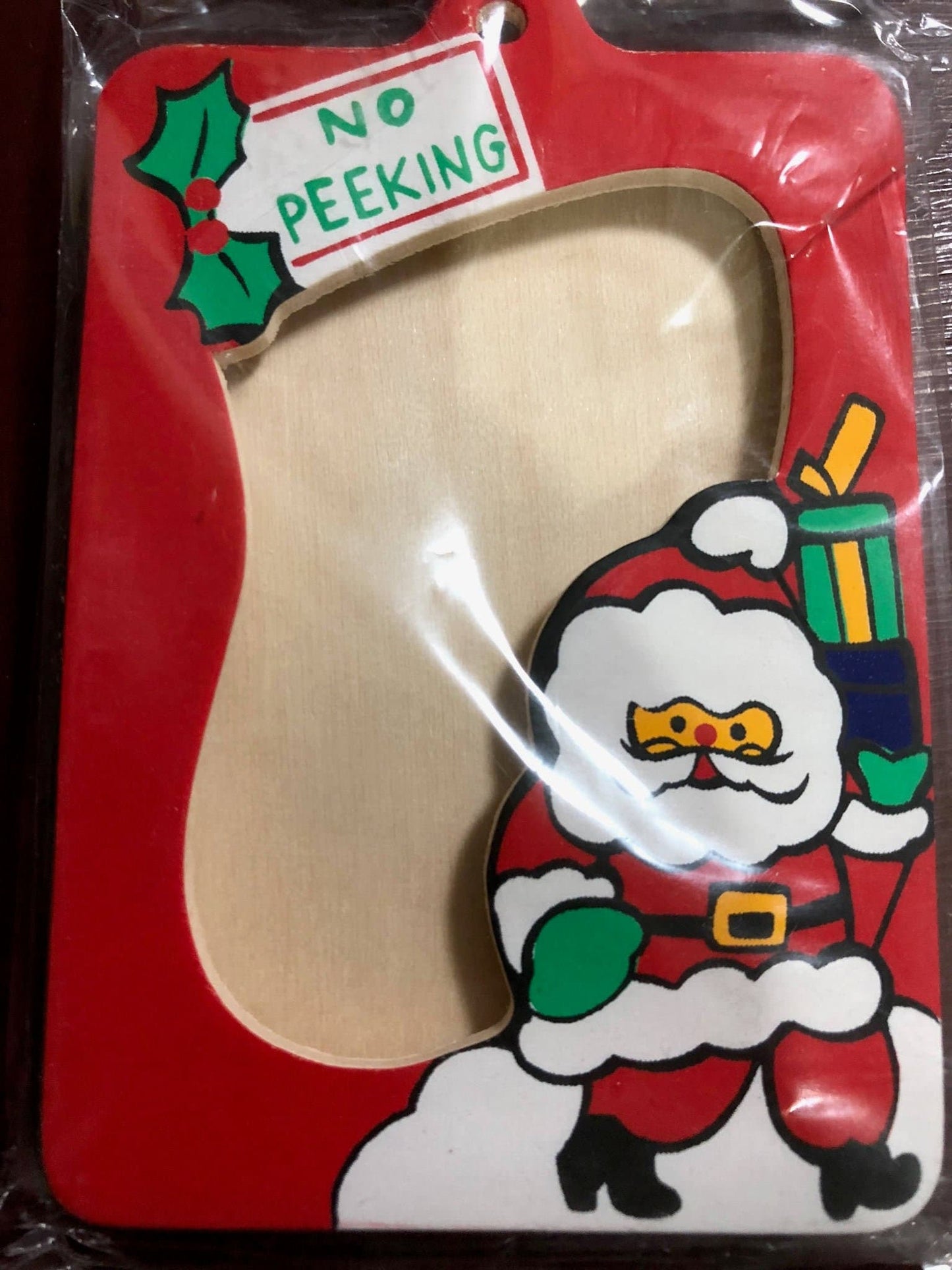 Christmas Santa Clause "No Peeking" wooden frame/ornament 3 by 4.5 inches