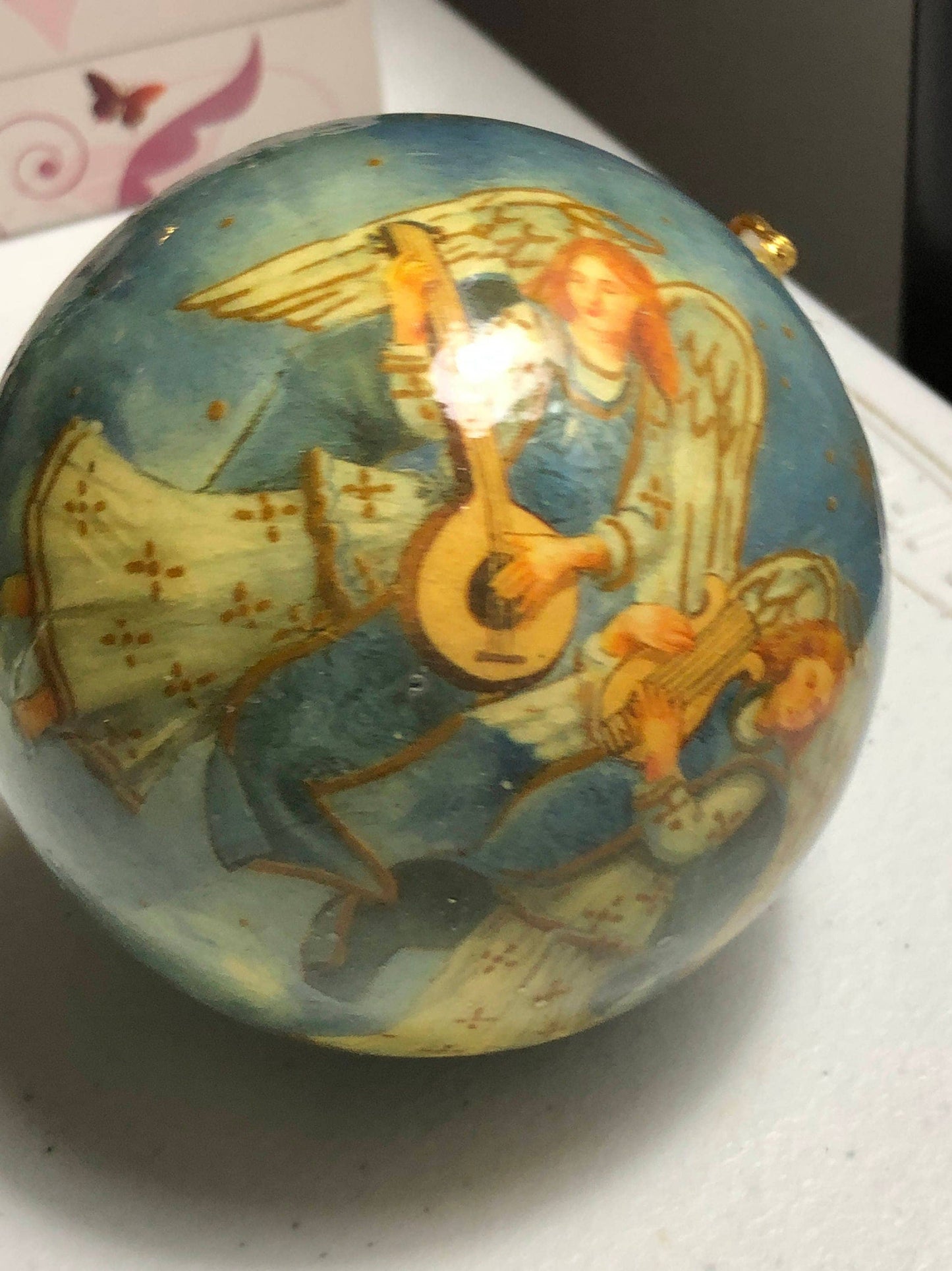 Silvestri, Angels, Playing Instruments, Painted Ball, Vintage, Christmas, Ornament